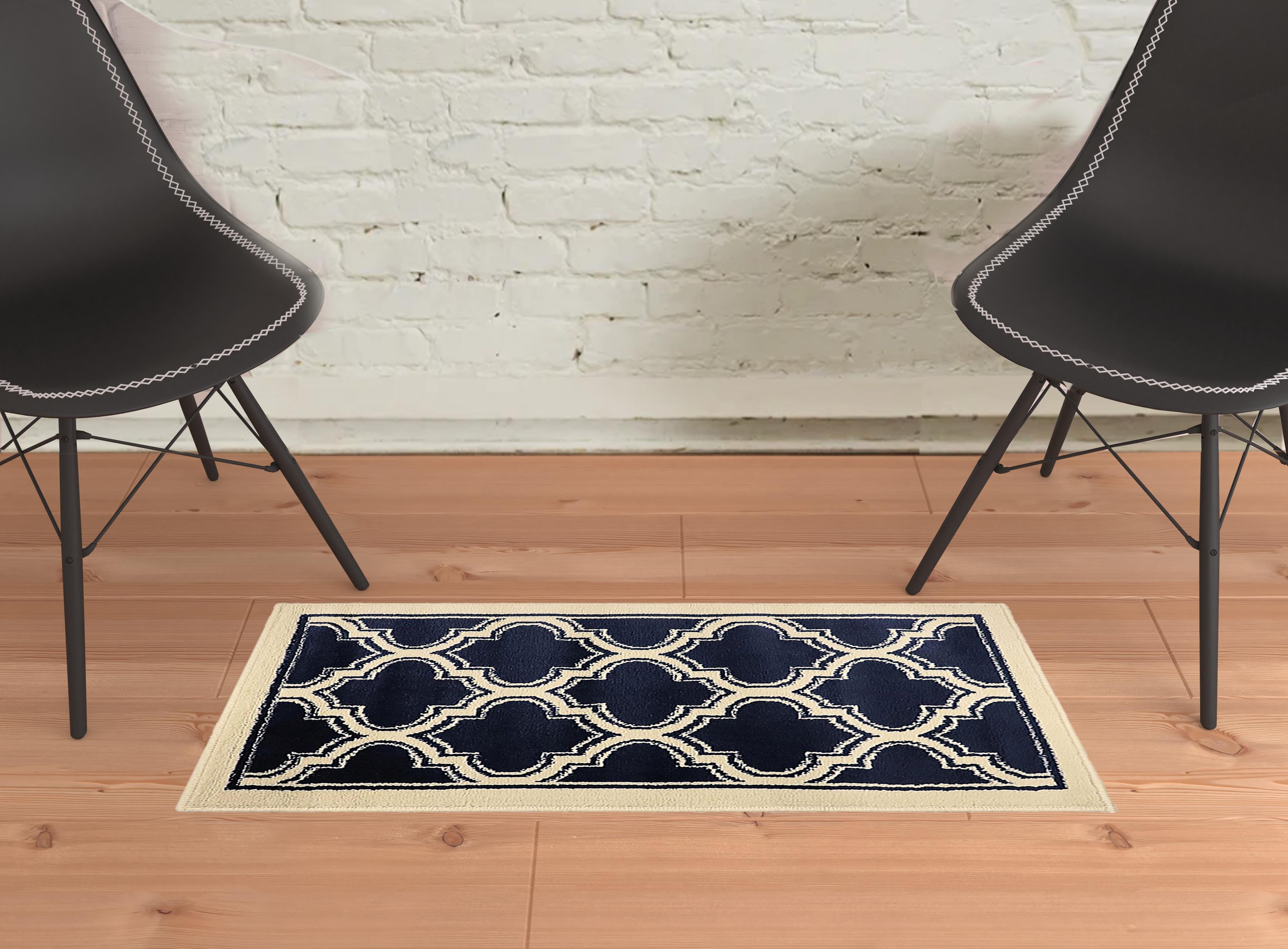 2' X 3' Dark Blue And Cream Geometric Stain Resistant Area Rug