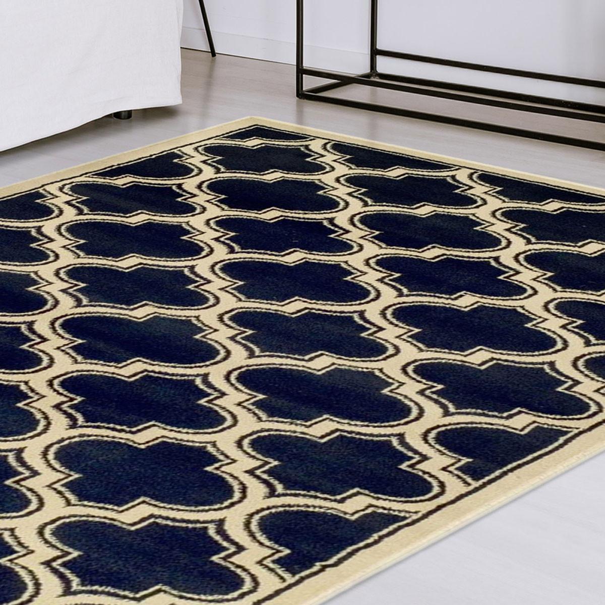 4' X 6' Dark Blue And Cream Geometric Stain Resistant Area Rug