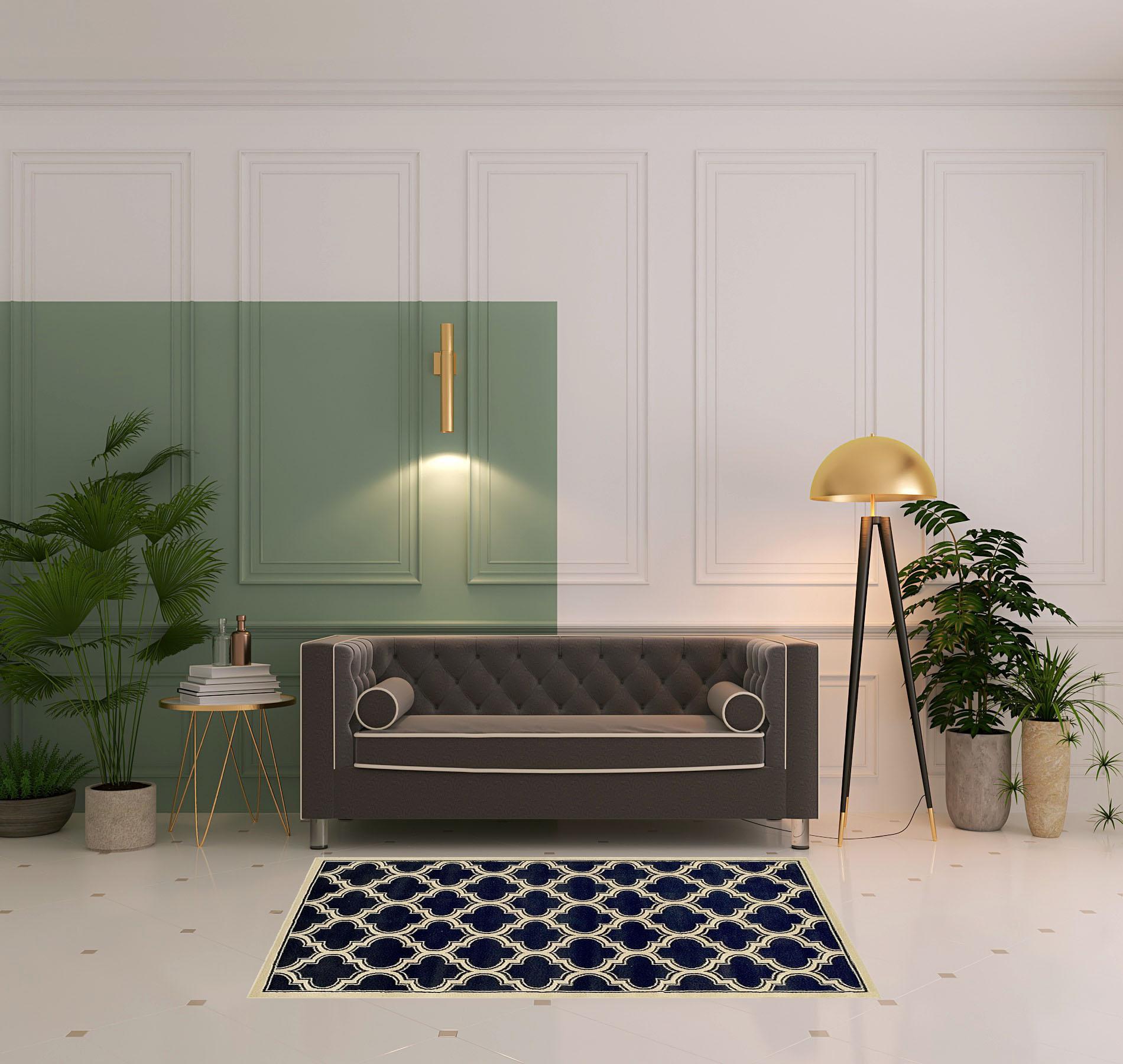 4' X 6' Dark Blue And Cream Geometric Stain Resistant Area Rug