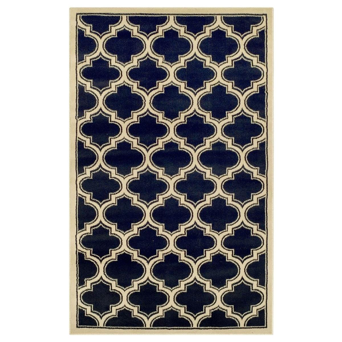 5' X 8' Dark Blue And Cream Geometric Stain Resistant Area Rug