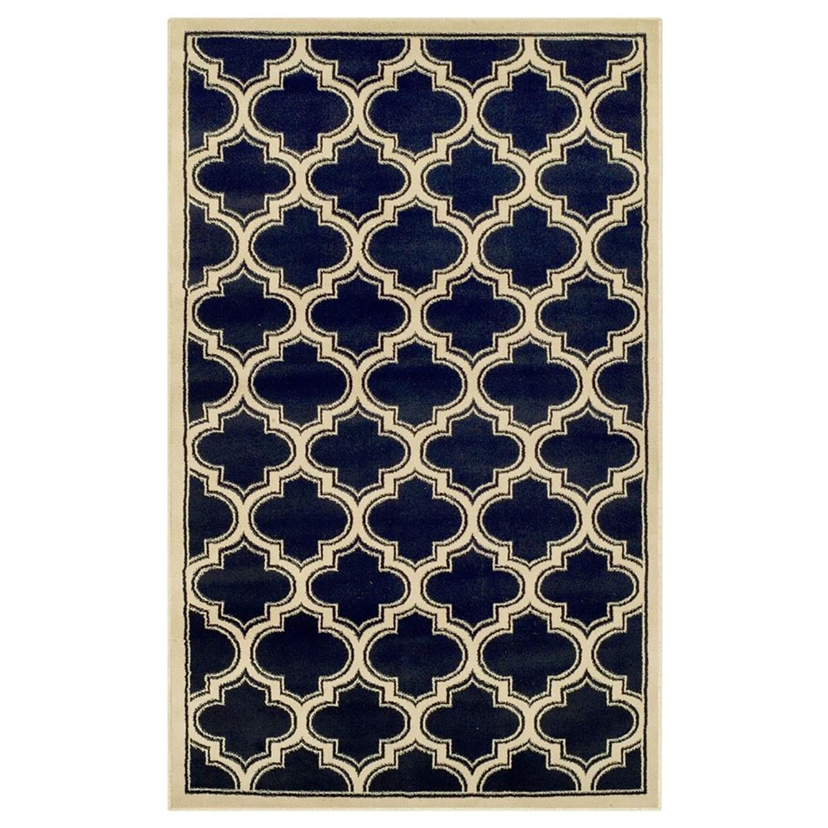 8' X 10' Dark Blue And Cream Geometric Stain Resistant Area Rug Default Title