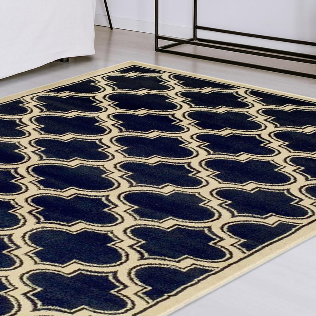 8' X 10' Dark Blue And Cream Geometric Stain Resistant Area Rug