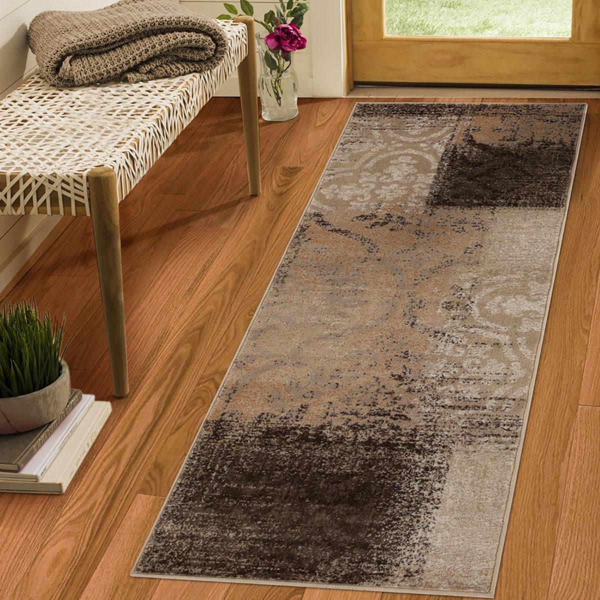 10' Beige Gray And Black Damask Distressed Stain Resistant Runner Rug