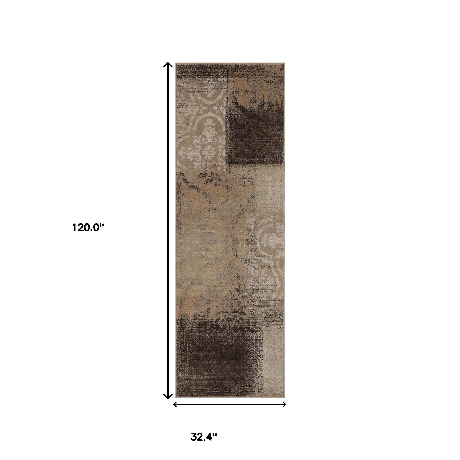 10' Beige Gray And Black Damask Distressed Stain Resistant Runner Rug