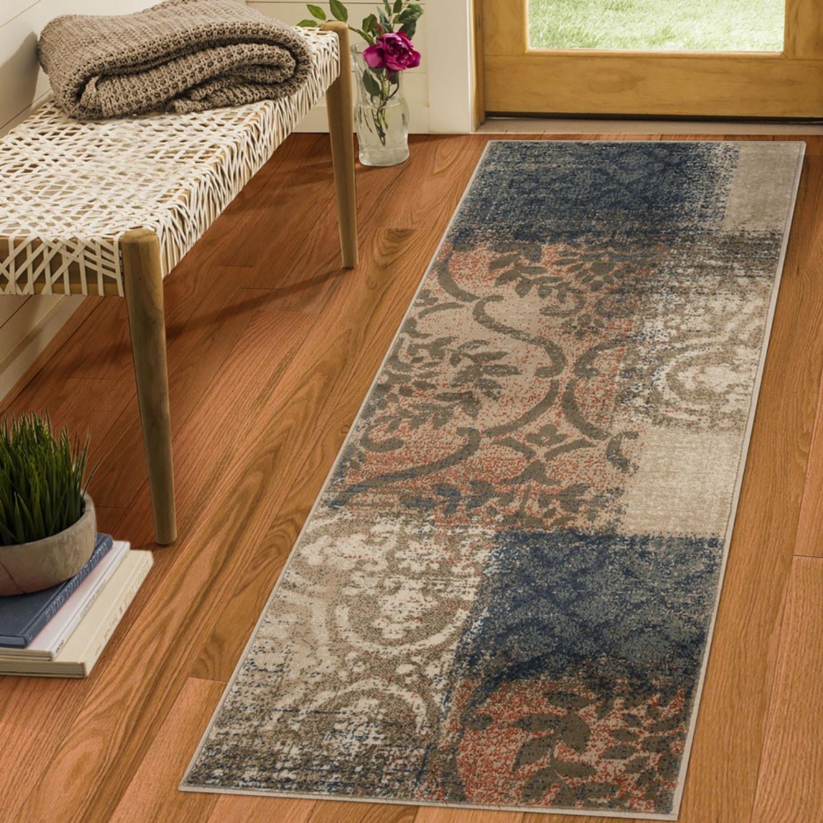 10' Navy And Salmon Damask Distressed Stain Resistant Runner Rug