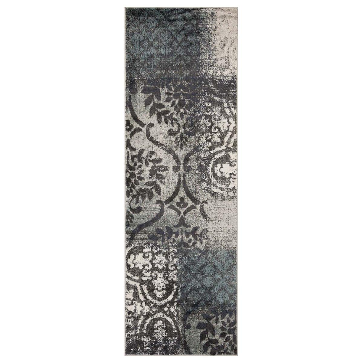 10' Teal And Gray Damask Distressed Stain Resistant Runner Rug