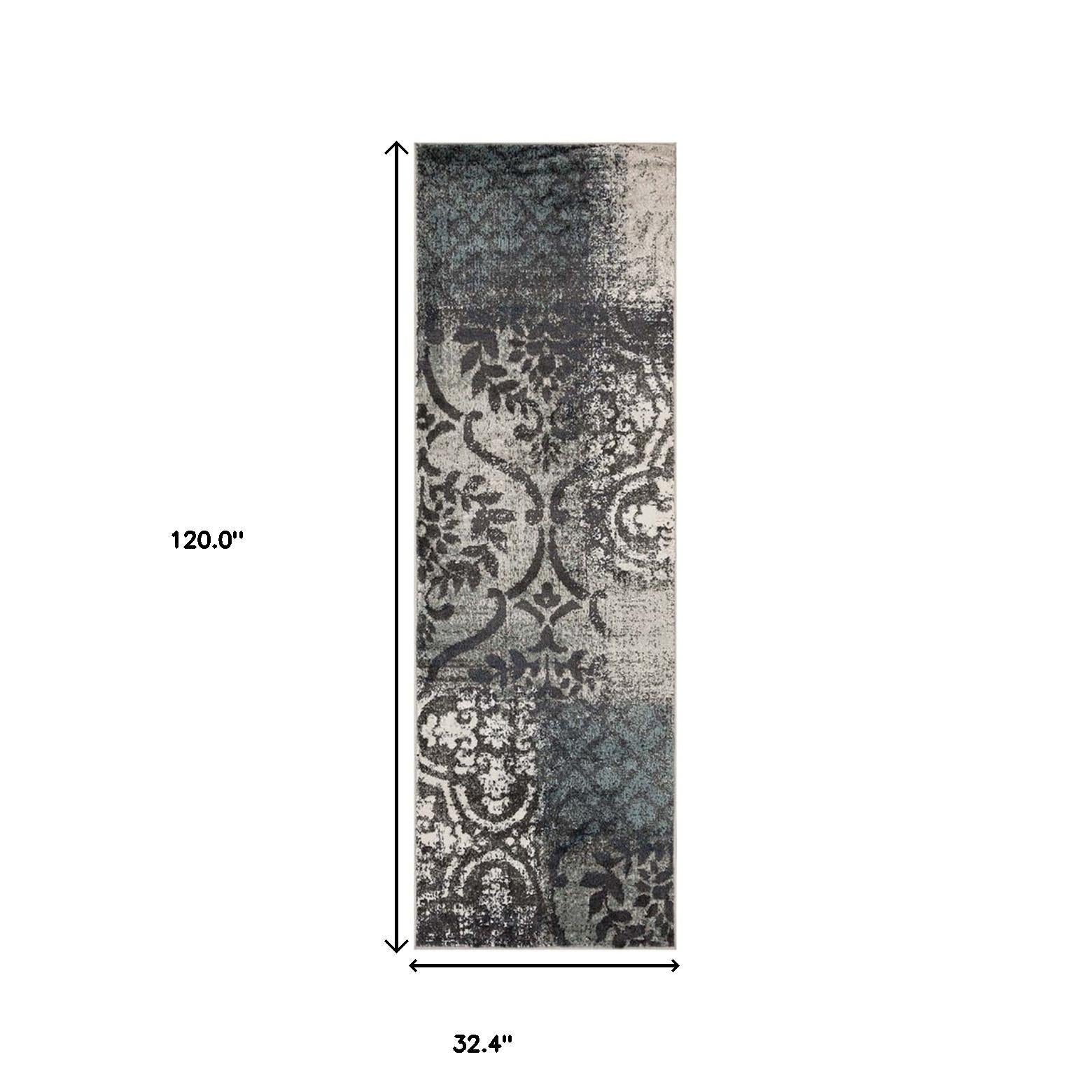 10' Teal And Gray Damask Distressed Stain Resistant Runner Rug