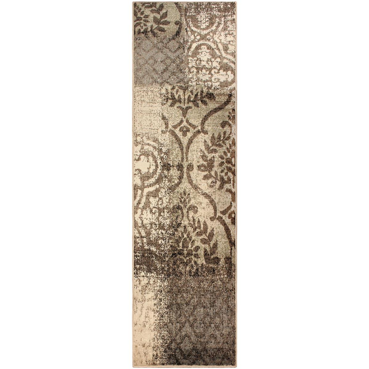 8' Tan And Brown Damask Distressed Stain Resistant Runner Rug Default Title