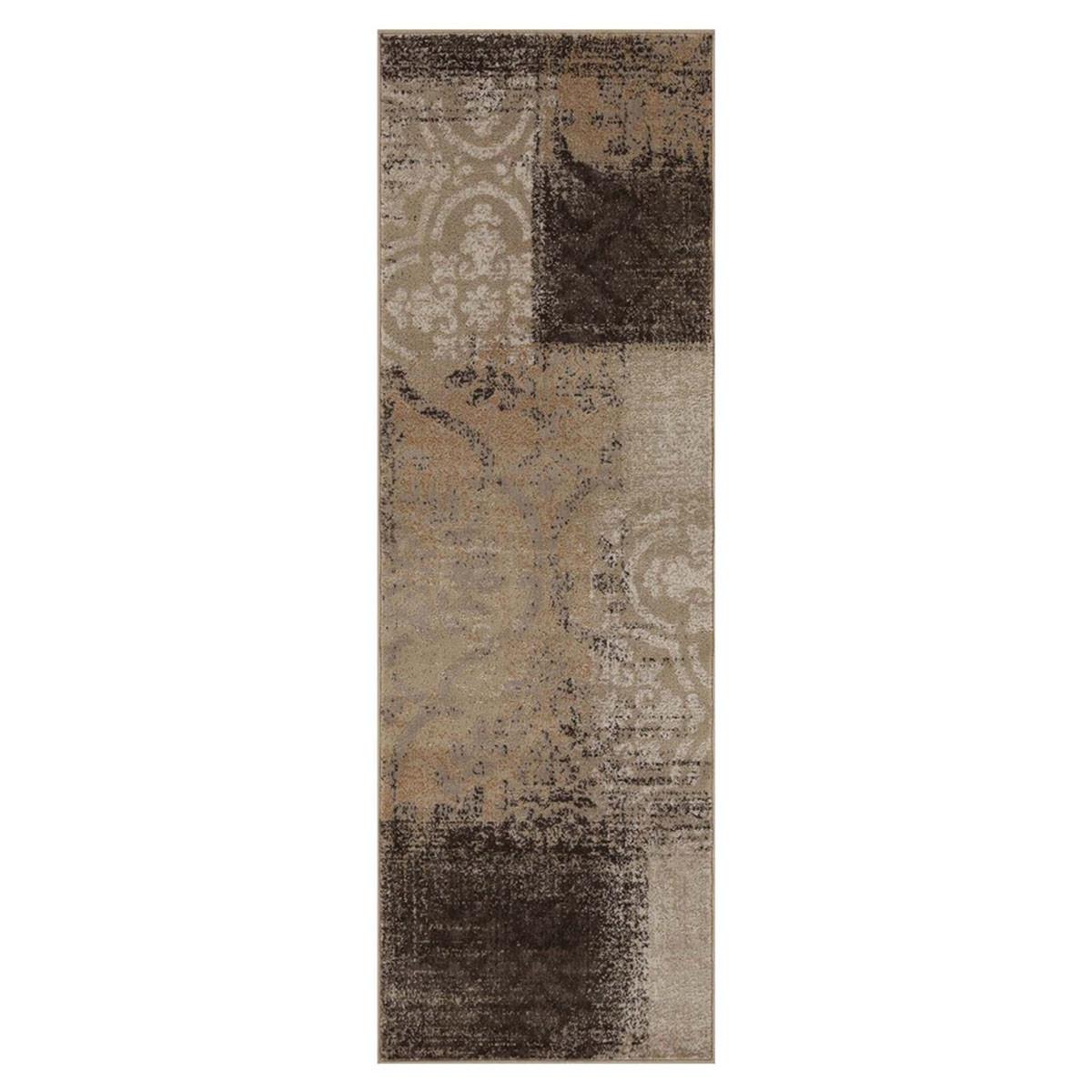 8' Beige Gray And Black Damask Distressed Stain Resistant Runner Rug Default Title