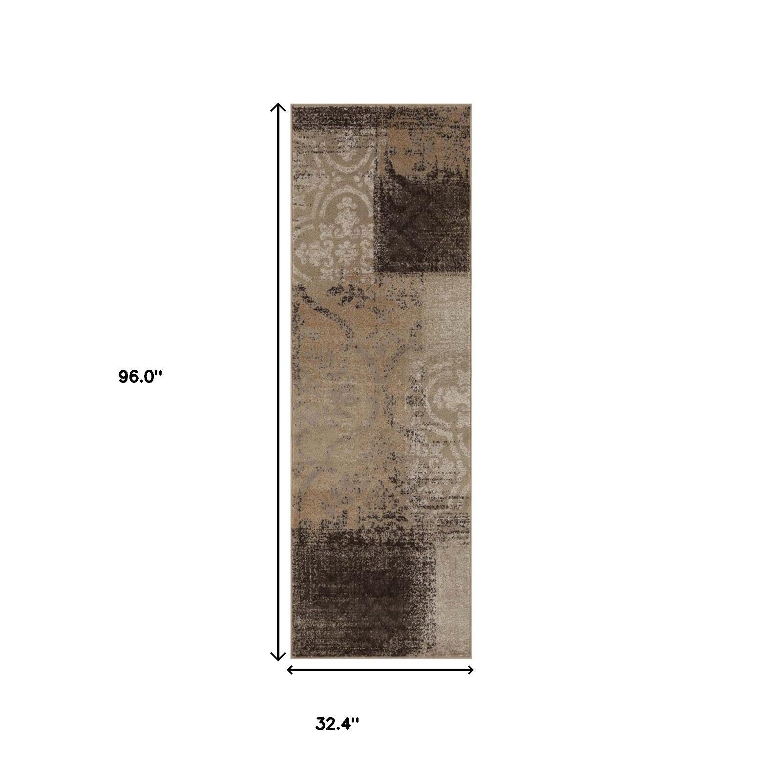 8' Beige Gray And Black Damask Distressed Stain Resistant Runner Rug