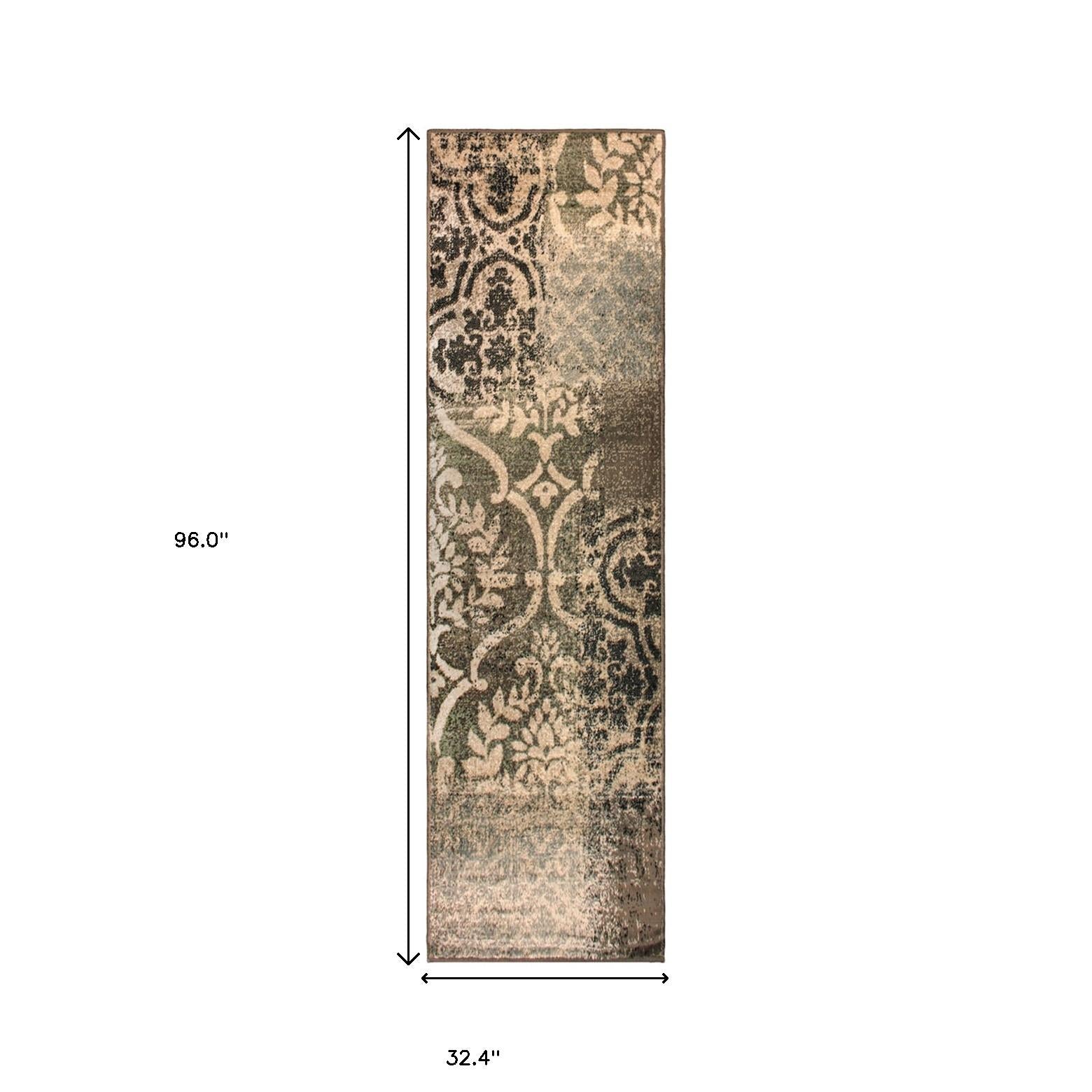 8' Ivory Light Blue Damask Distressed Stain Resistant Runner Rug Default Title
