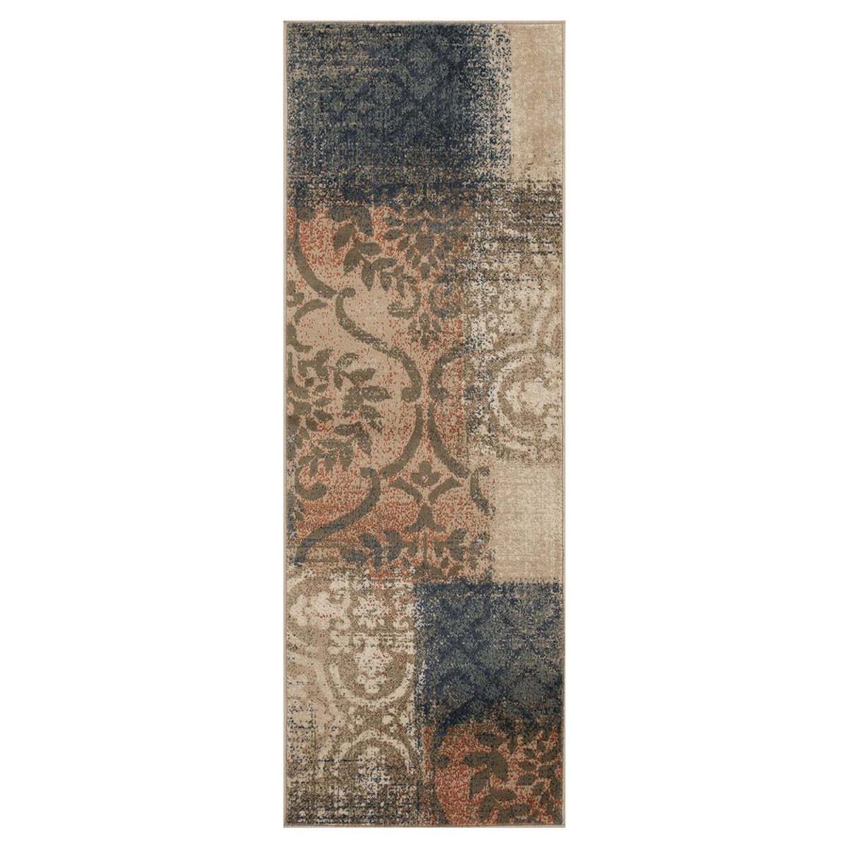 8' Navy And Salmon Damask Distressed Stain Resistant Runner Rug Default Title