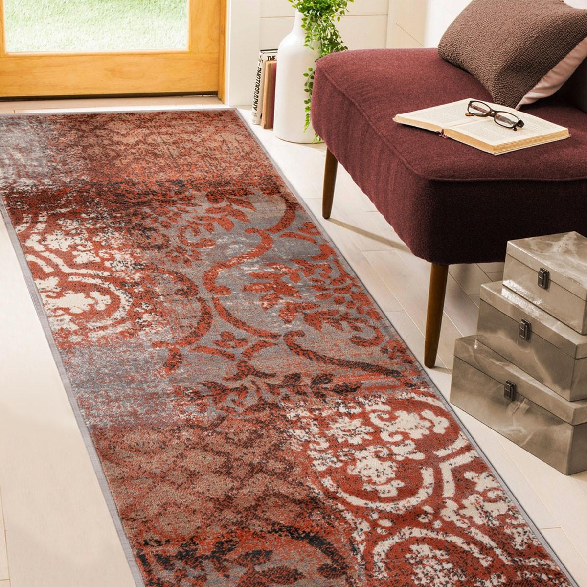 8' Rust And Gray Damask Distressed Stain Resistant Runner Rug Default Title