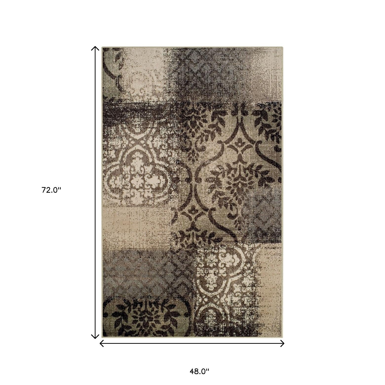 4' X 6' Tan And Brown Damask Distressed Stain Resistant Area Rug