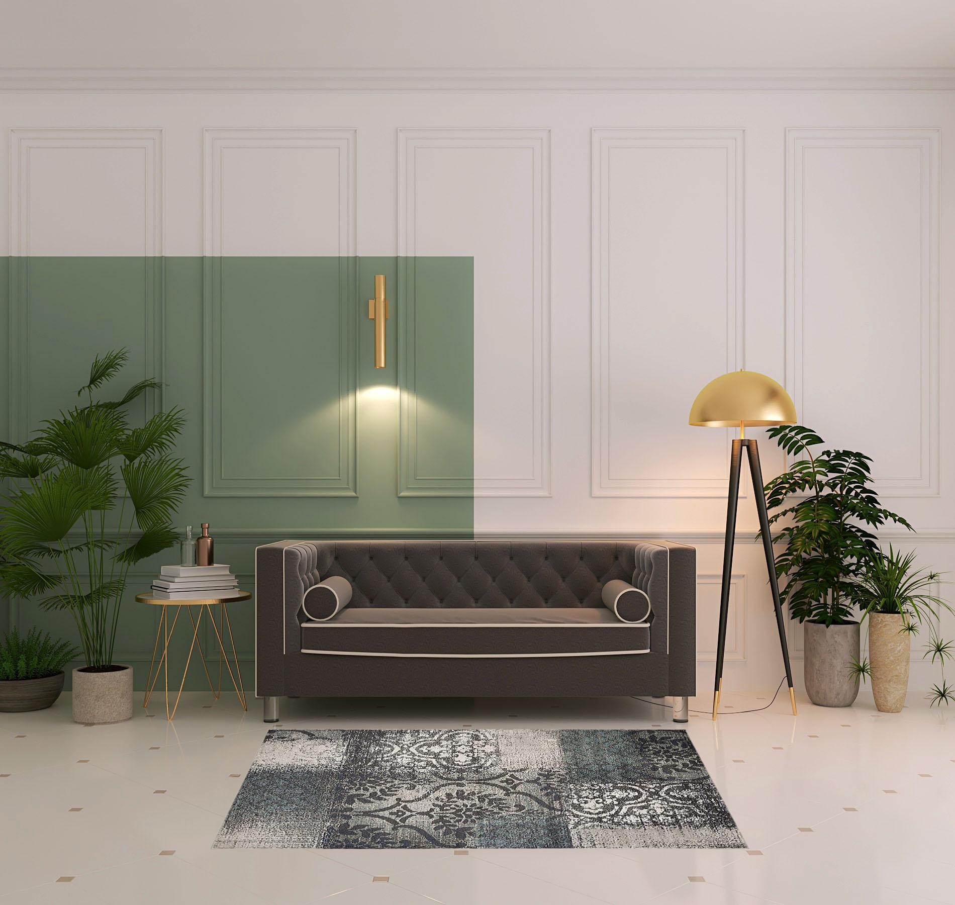 4' X 6' Teal And Gray Damask Distressed Stain Resistant Area Rug Default Title