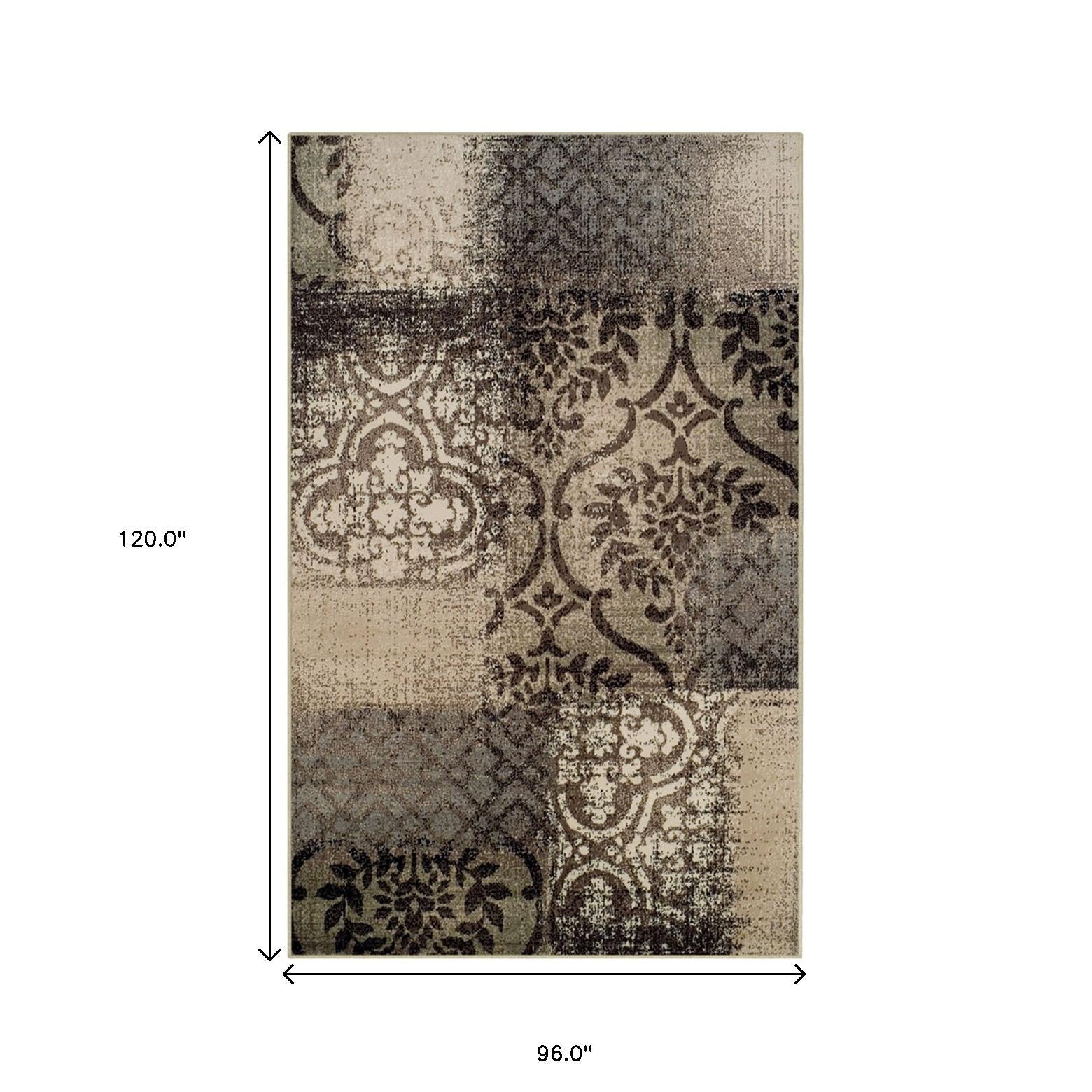 8' X 10' Tan And Brown Damask Distressed Stain Resistant Area Rug