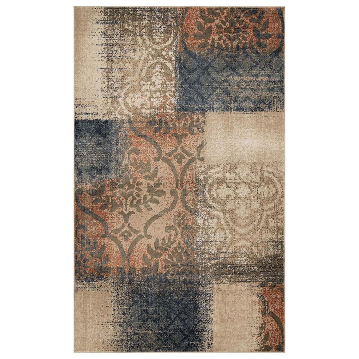 8' X 10' Navy And Salmon Damask Distressed Stain Resistant Area Rug Default Title