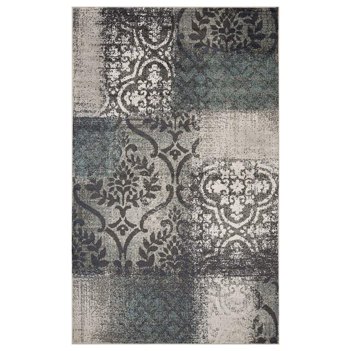 8' X 10' Teal And Gray Damask Distressed Stain Resistant Area Rug Default Title