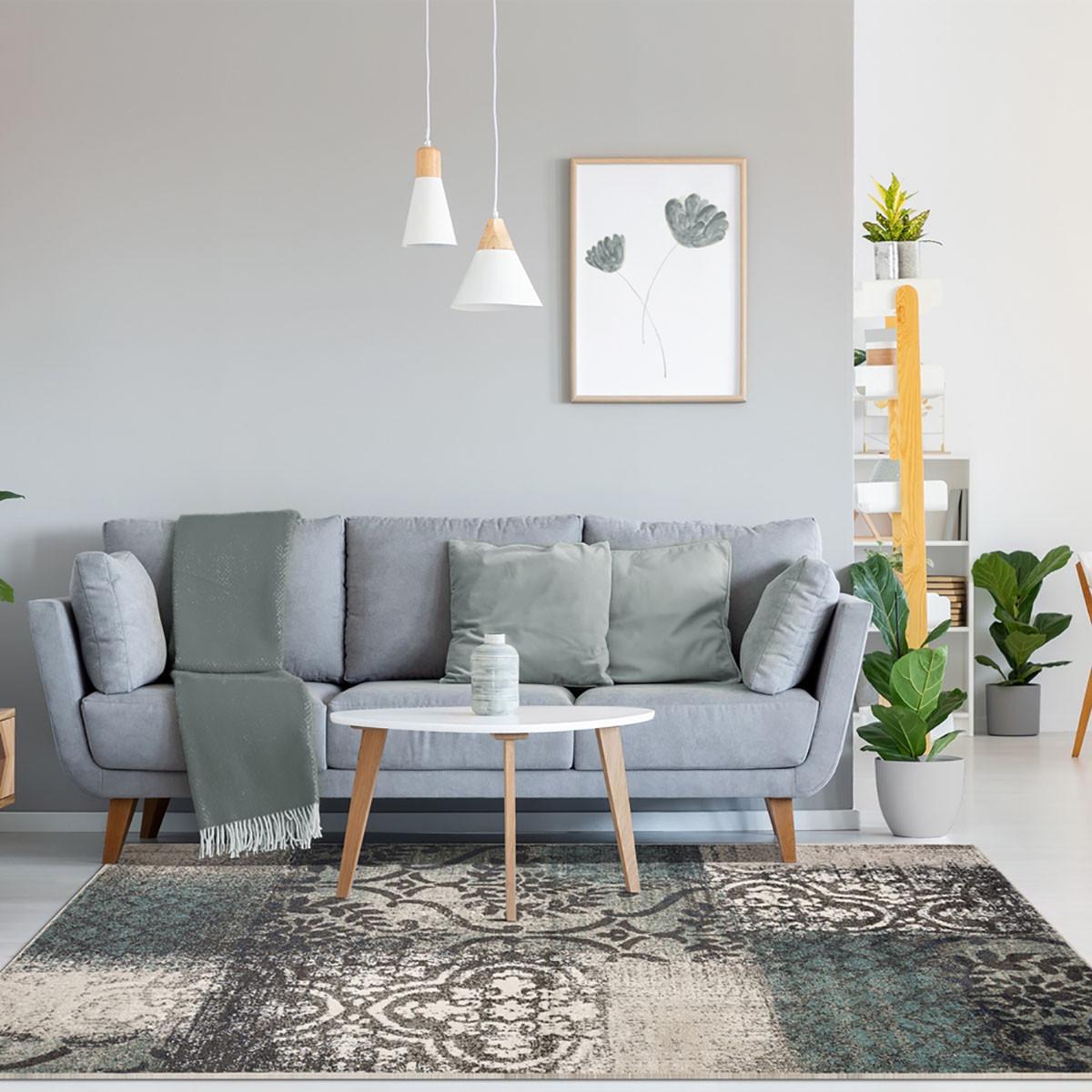 8' X 10' Teal And Gray Damask Distressed Stain Resistant Area Rug