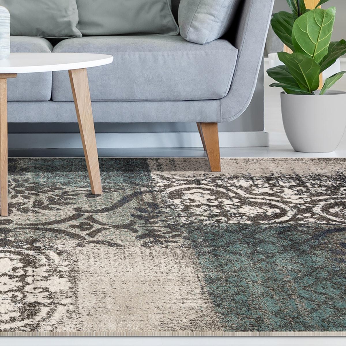 8' X 10' Teal And Gray Damask Distressed Stain Resistant Area Rug