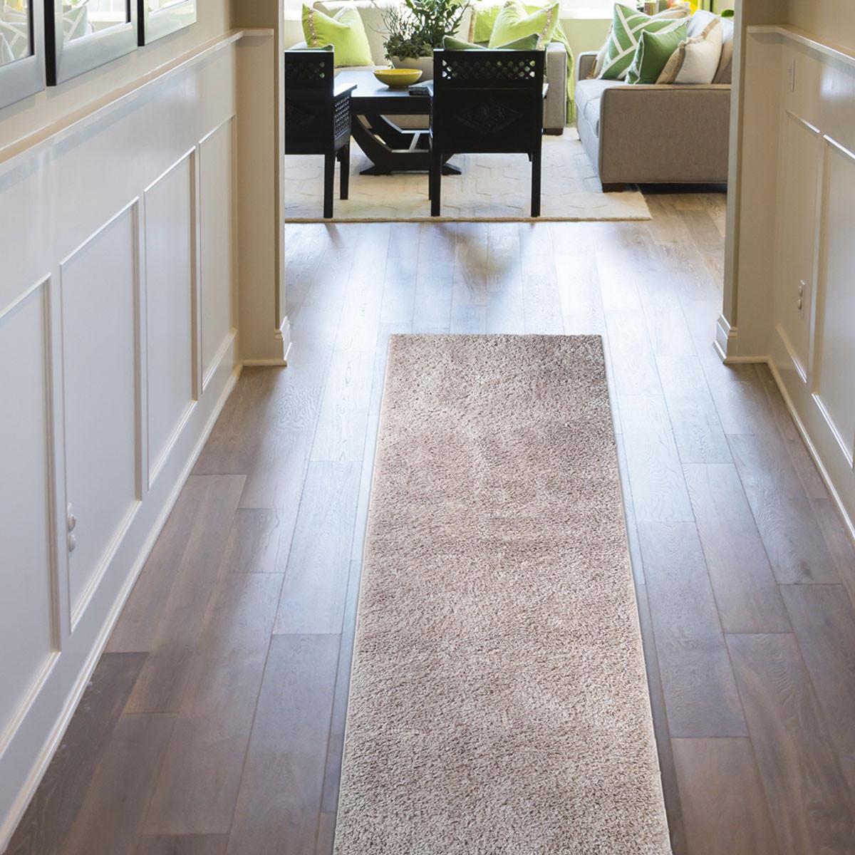 8' Beige Shag Stain Resistant Runner Rug