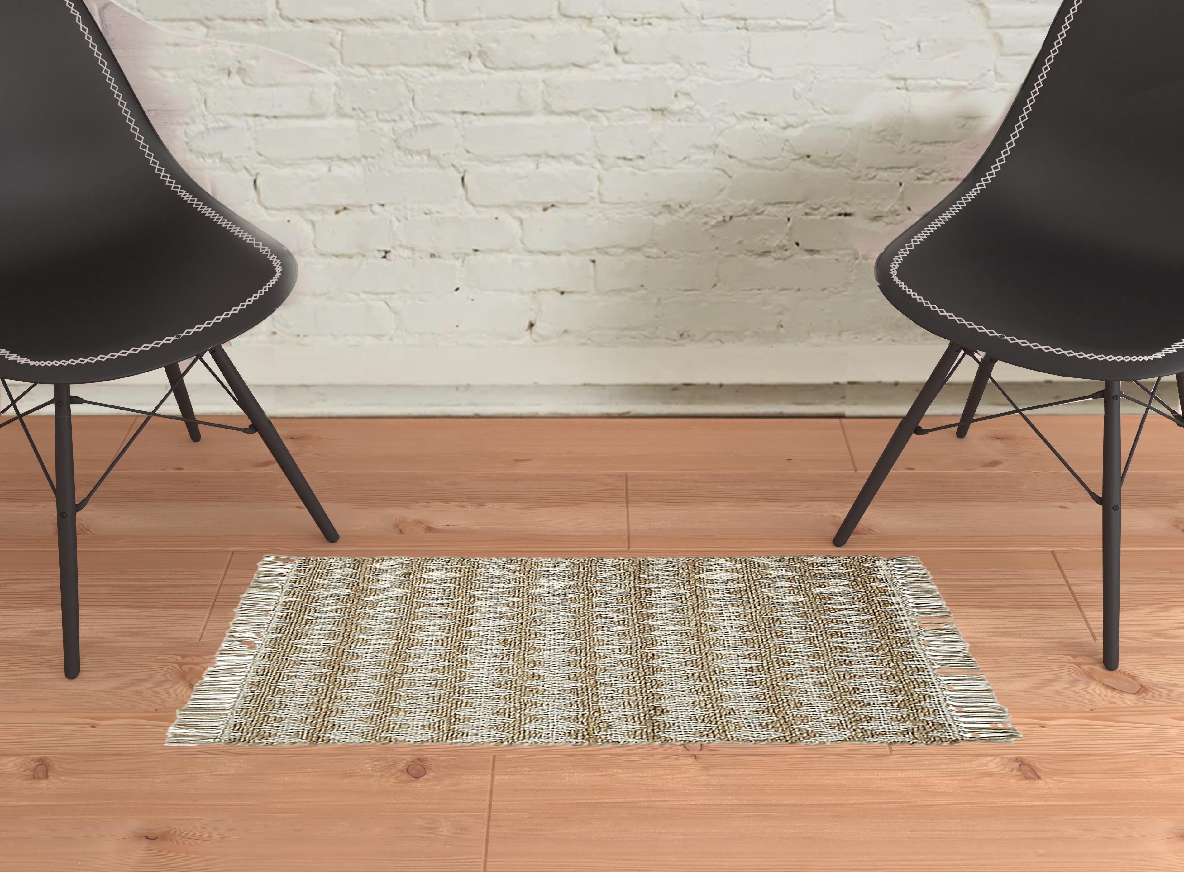 2' X 3' Cream Chevron Hand Woven Stain Resistant Area Rug With Fringe