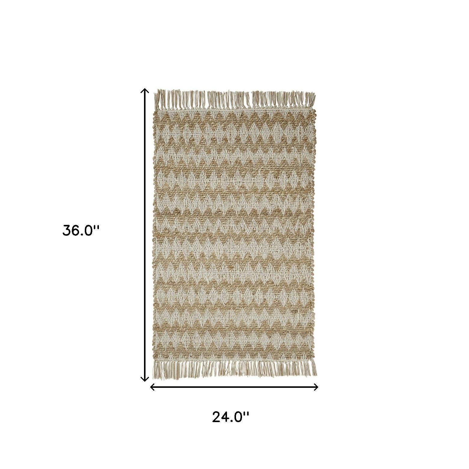 2' X 3' Cream Chevron Hand Woven Stain Resistant Area Rug With Fringe