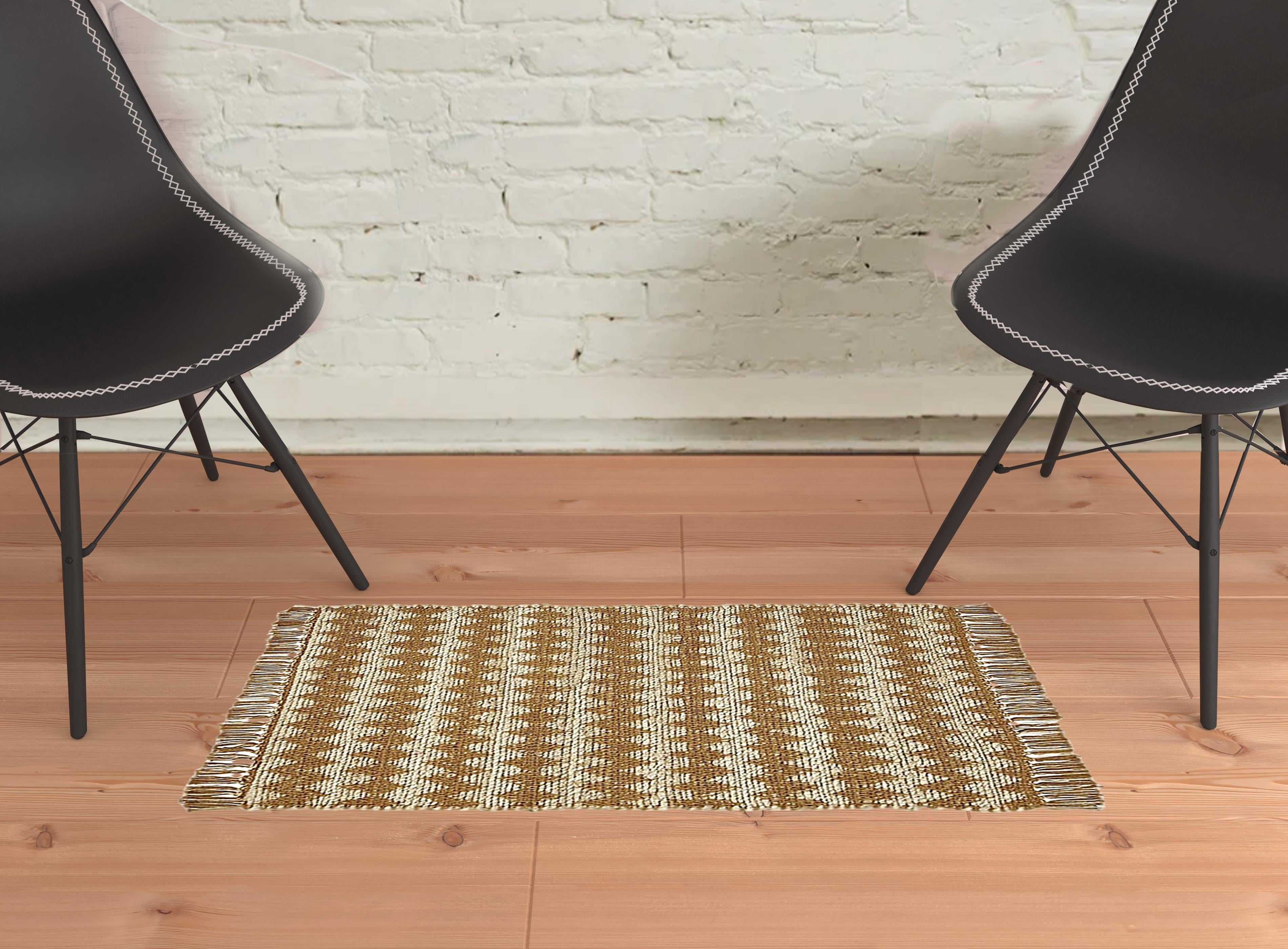 2' X 3' Gold Chevron Hand Woven Stain Resistant Area Rug With Fringe