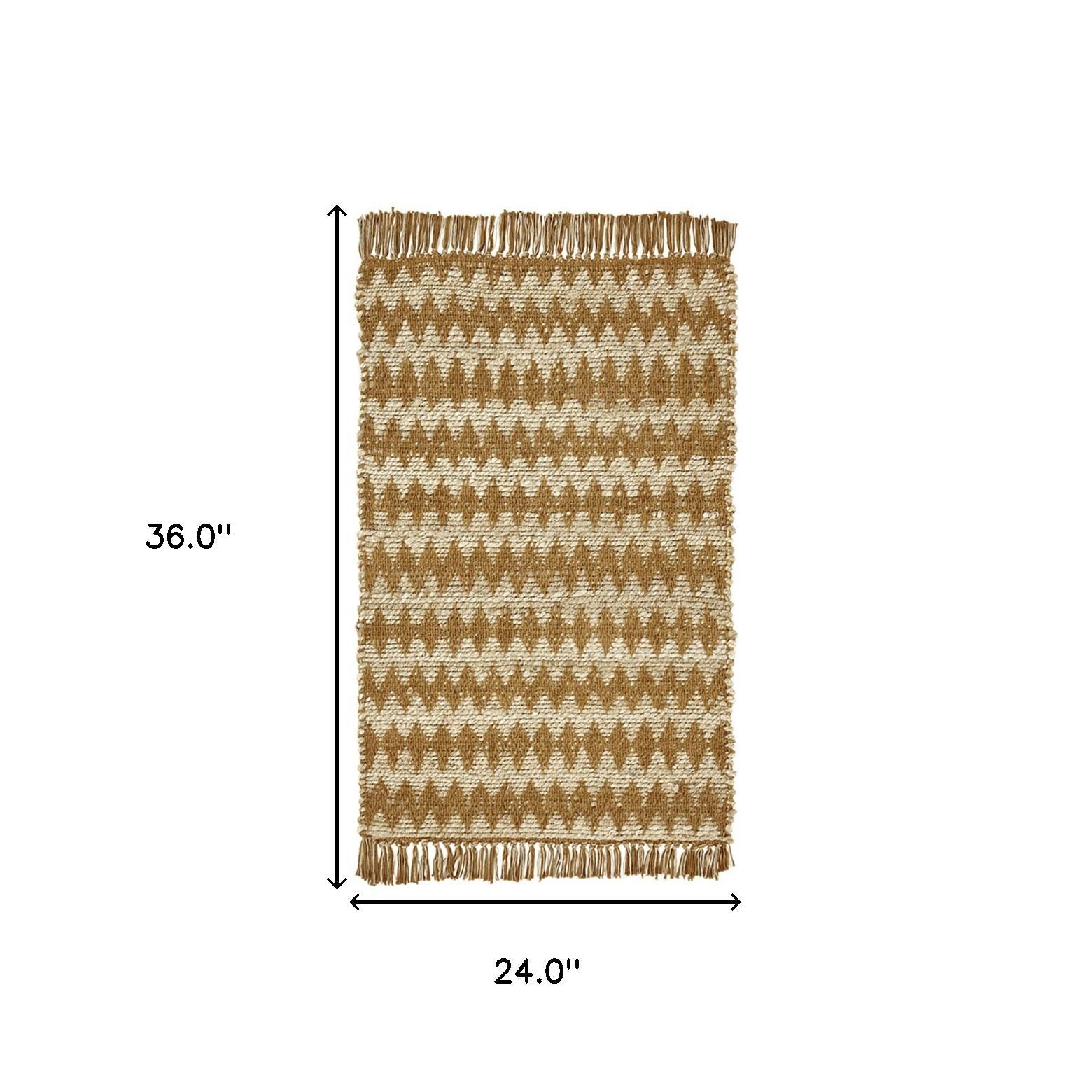 2' X 3' Gold Chevron Hand Woven Stain Resistant Area Rug With Fringe