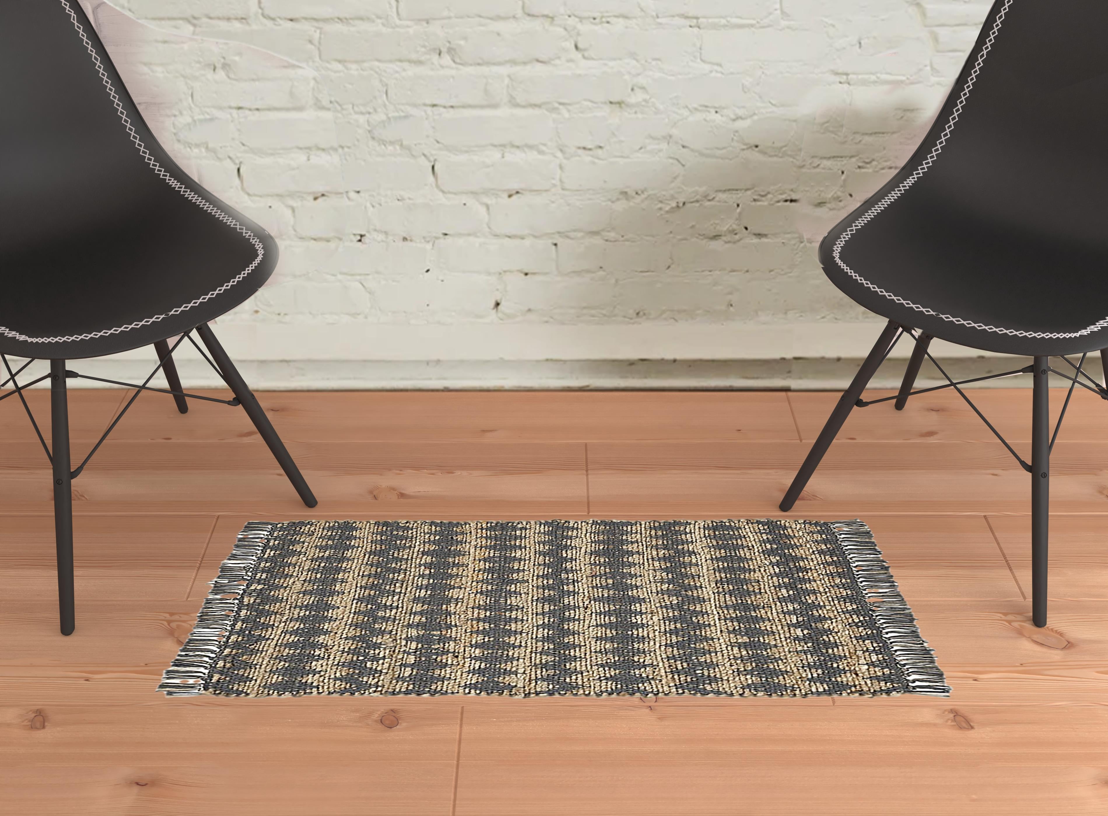 2' X 3' Grey Chevron Hand Woven Stain Resistant Area Rug With Fringe