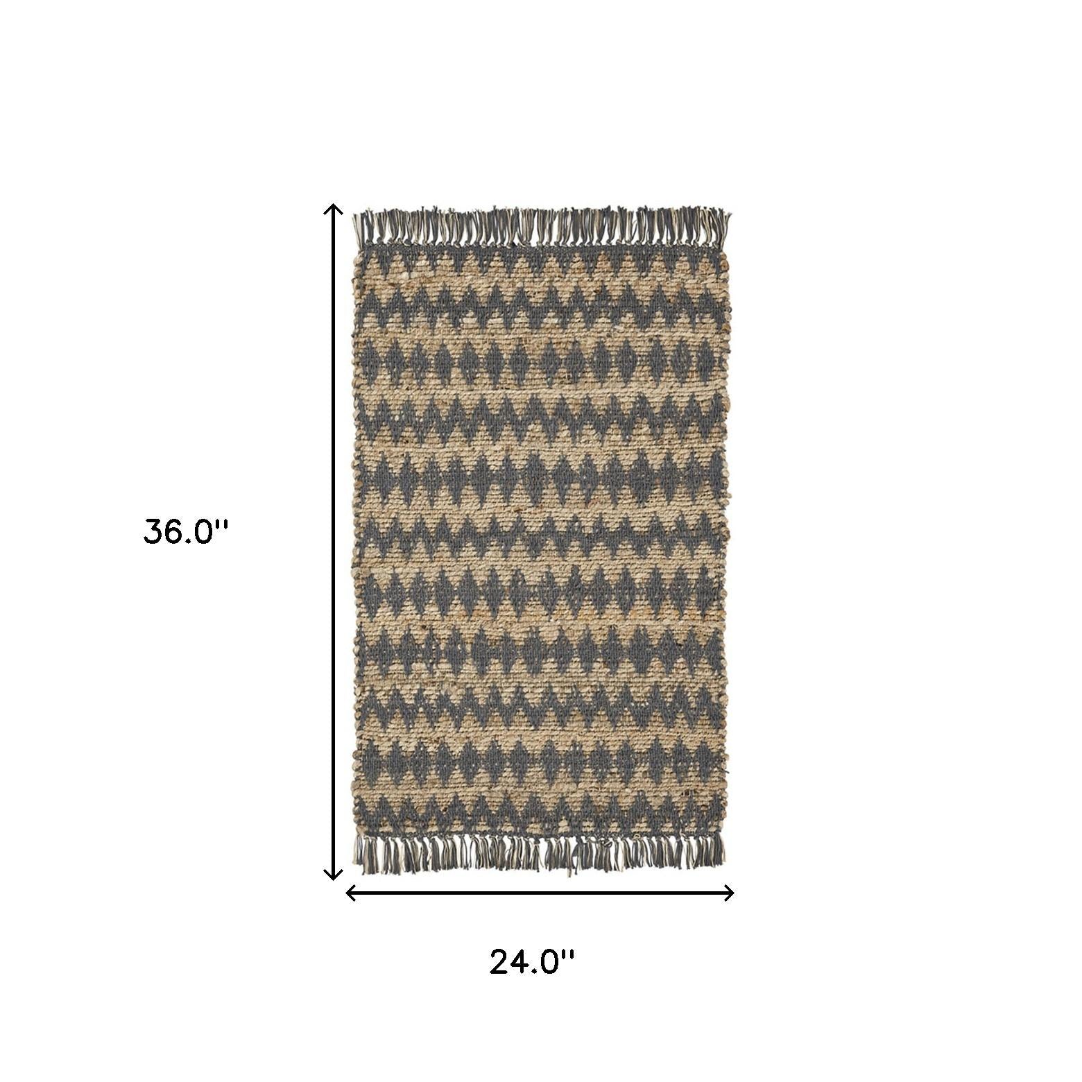 2' X 3' Grey Chevron Hand Woven Stain Resistant Area Rug With Fringe