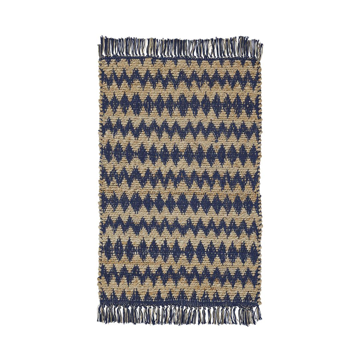 2' X 3' Navy Peony Chevron Hand Woven Stain Resistant Area Rug With Fringe