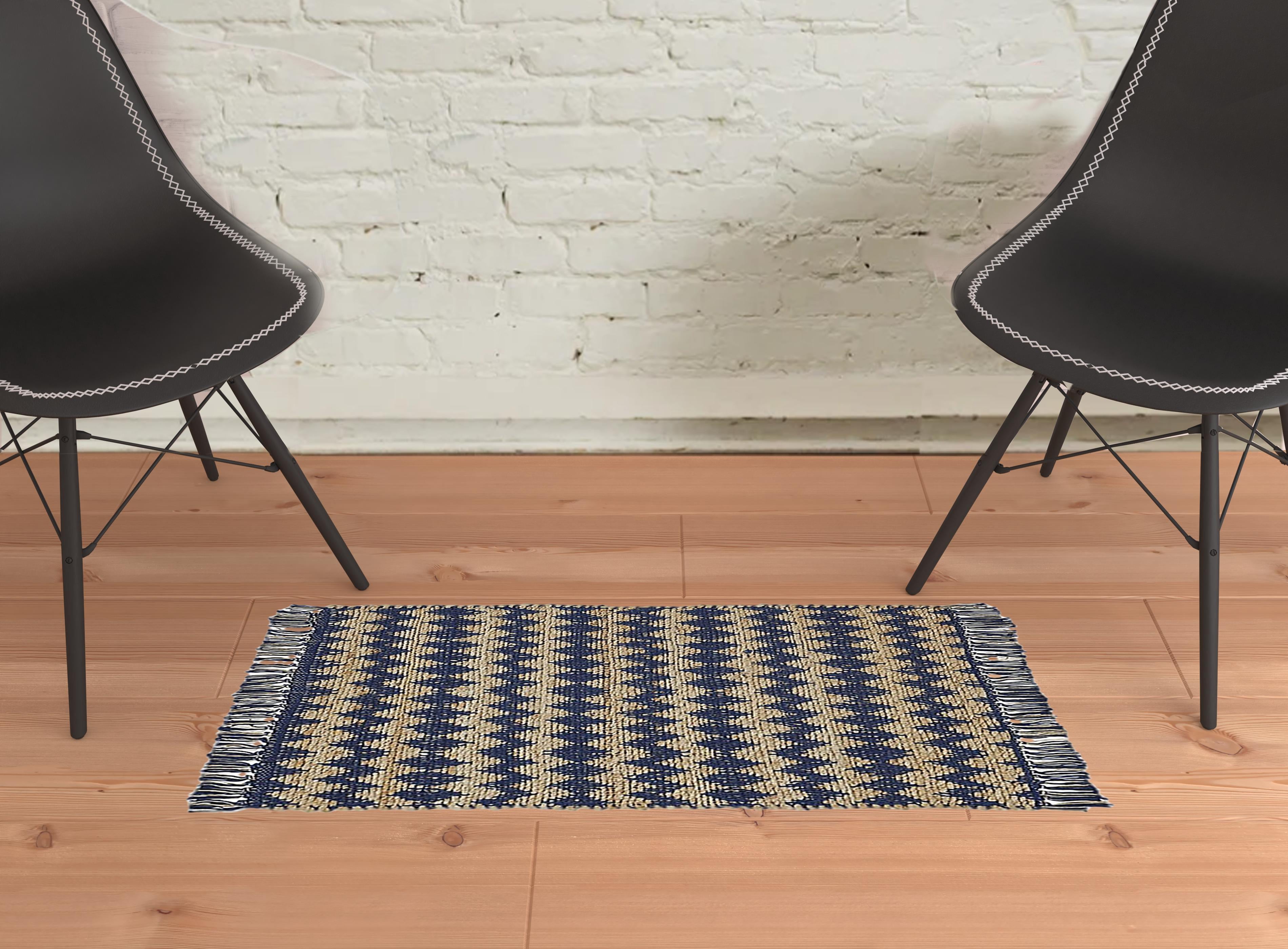 2' X 3' Navy Peony Chevron Hand Woven Stain Resistant Area Rug With Fringe