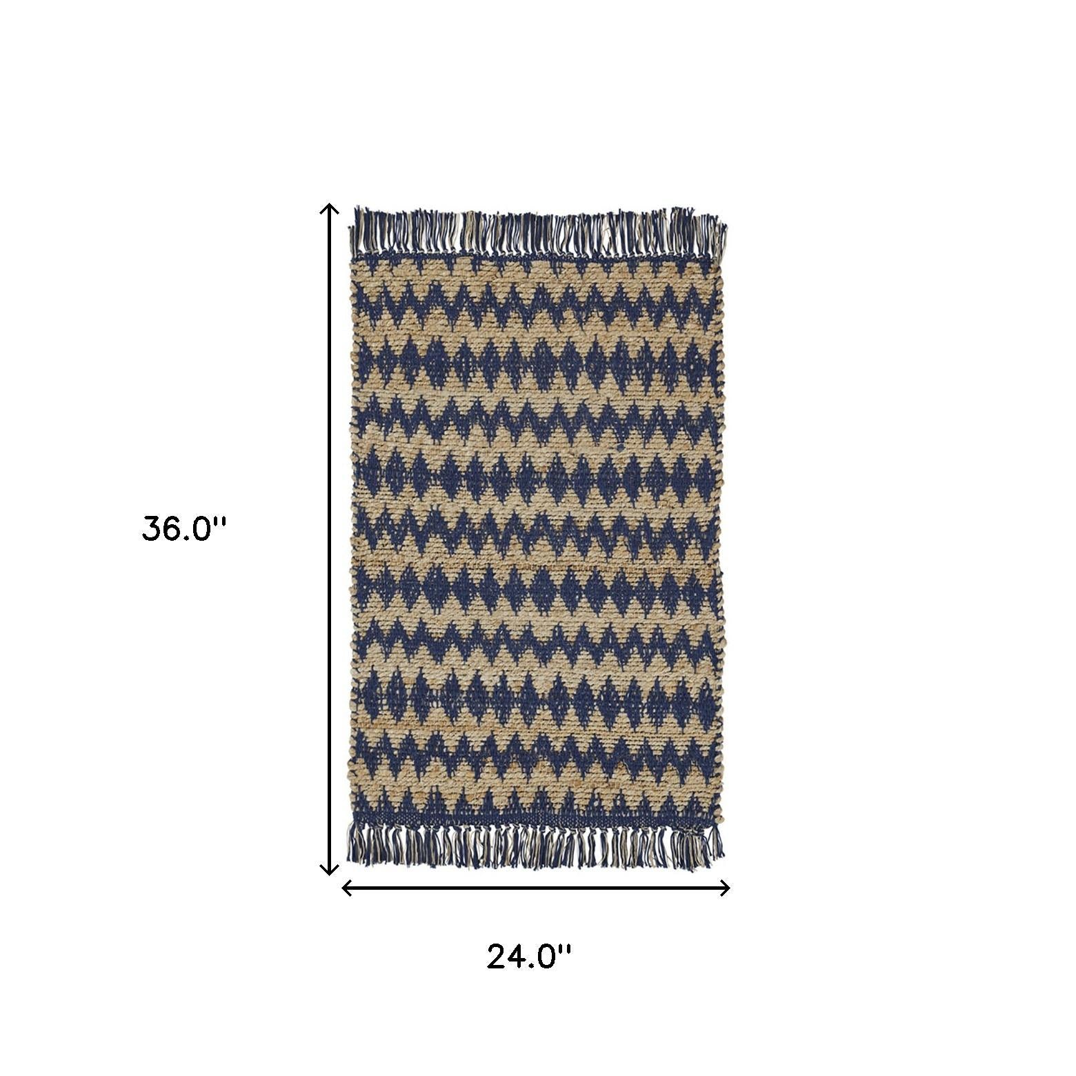 2' X 3' Navy Peony Chevron Hand Woven Stain Resistant Area Rug With Fringe