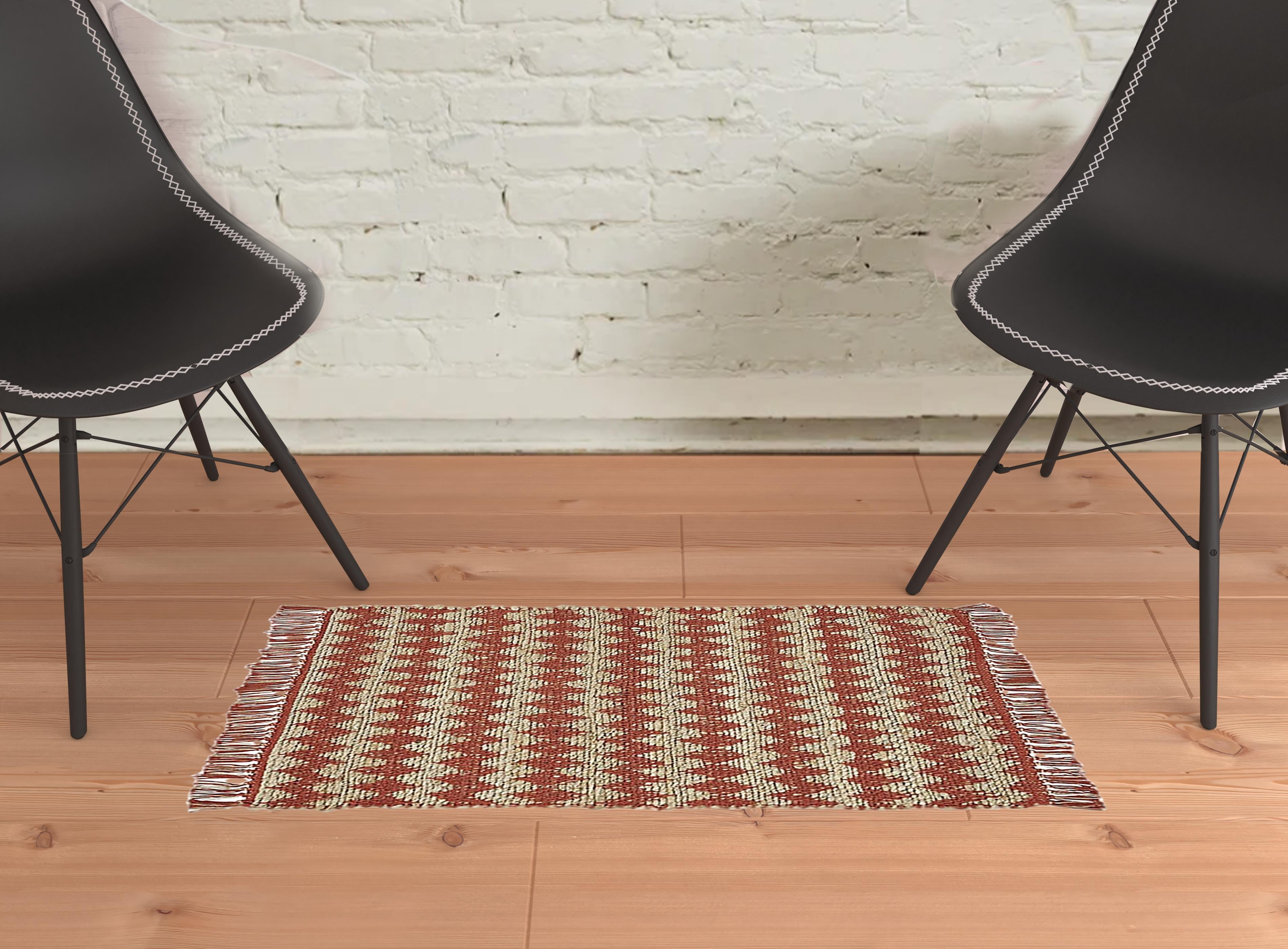 2' X 3' Terracotta Chevron Hand Woven Stain Resistant Area Rug With Fringe