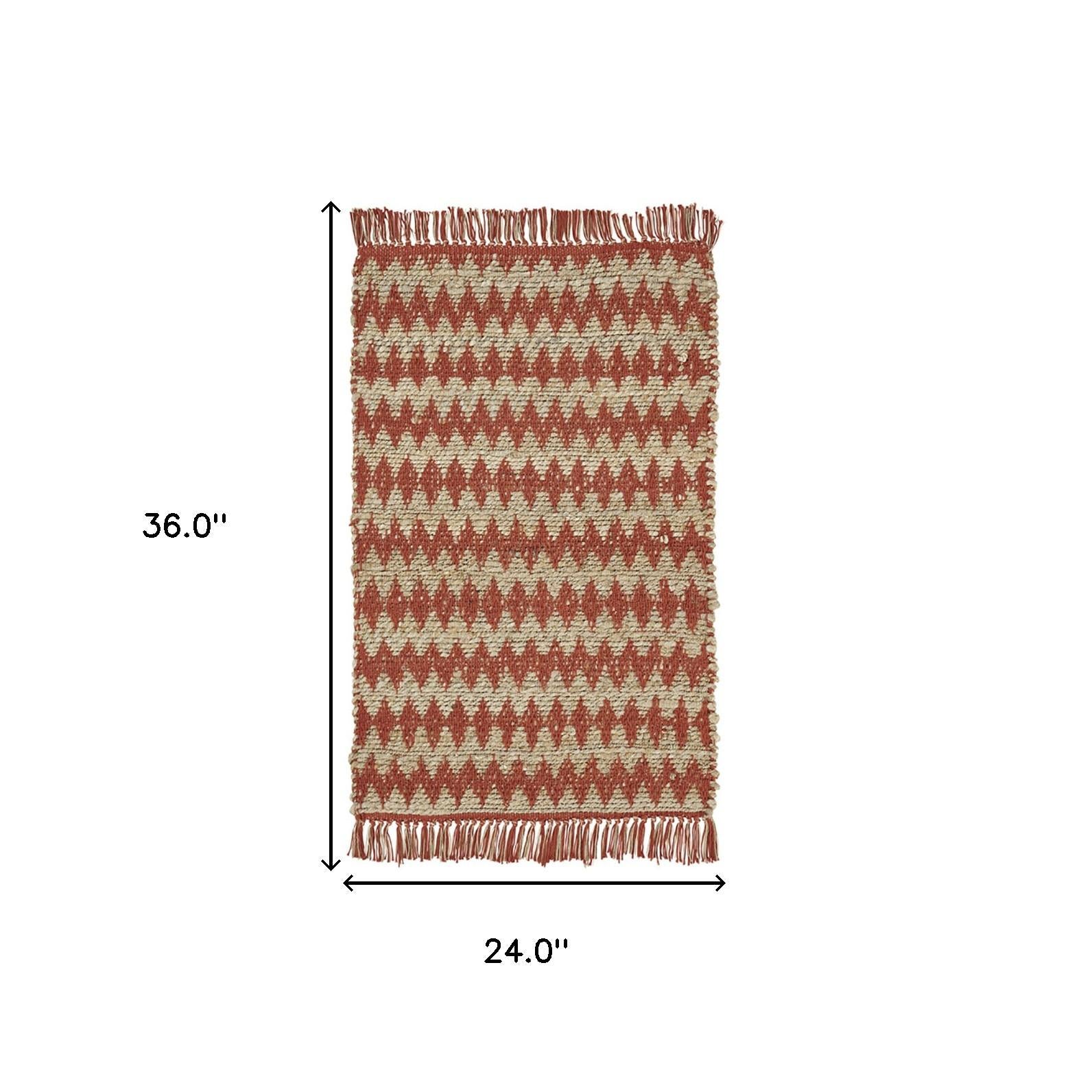 2' X 3' Terracotta Chevron Hand Woven Stain Resistant Area Rug With Fringe