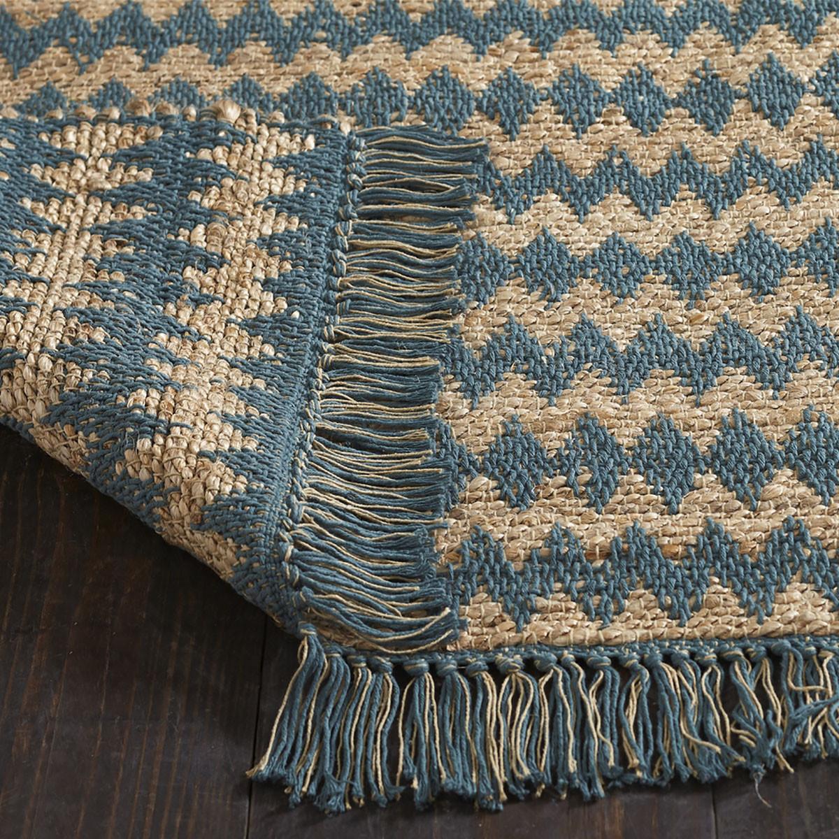 2' X 3' Teal Chevron Hand Woven Stain Resistant Area Rug With Fringe