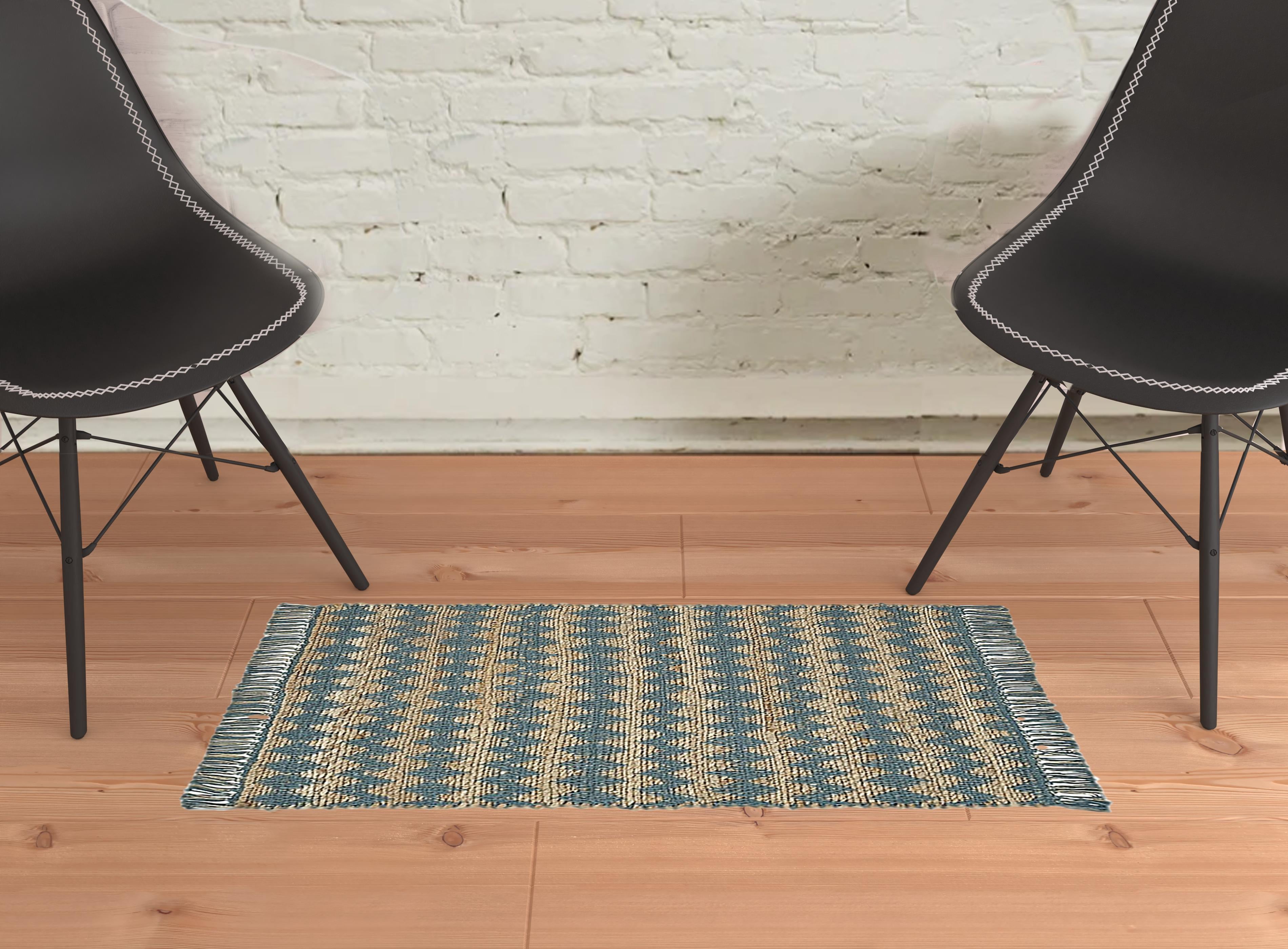 2' X 3' Teal Chevron Hand Woven Stain Resistant Area Rug With Fringe