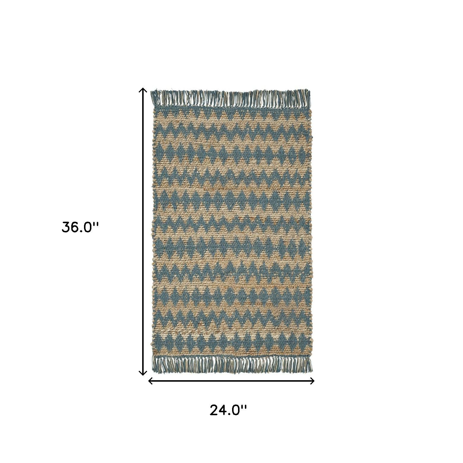 2' X 3' Teal Chevron Hand Woven Stain Resistant Area Rug With Fringe