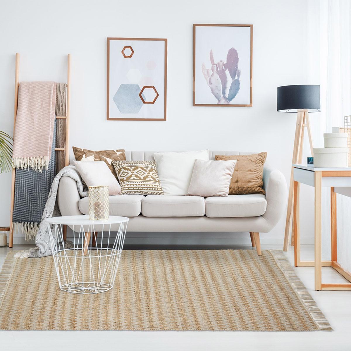 5' X 8' Cream Chevron Hand Woven Stain Resistant Area Rug With Fringe