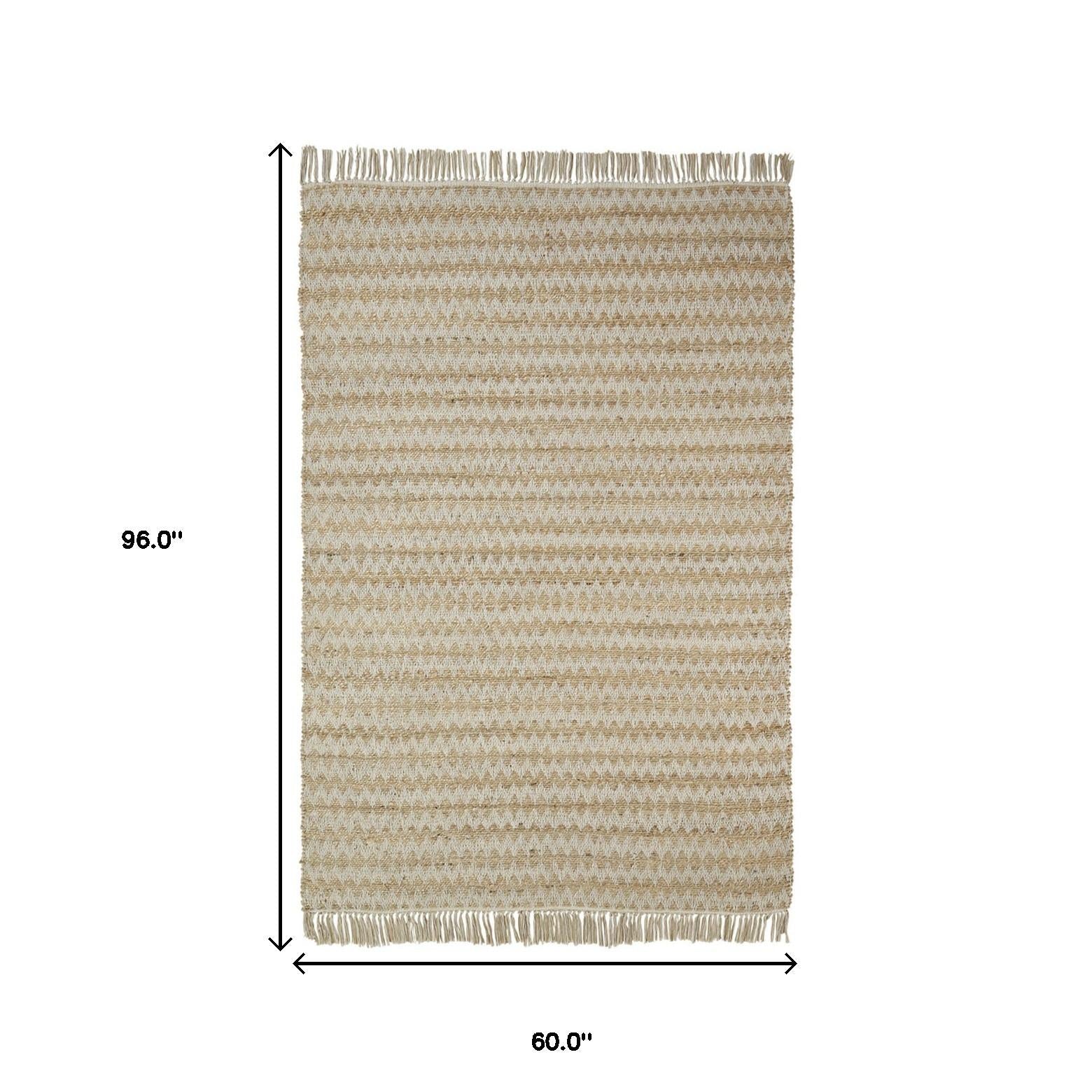 5' X 8' Cream Chevron Hand Woven Stain Resistant Area Rug With Fringe