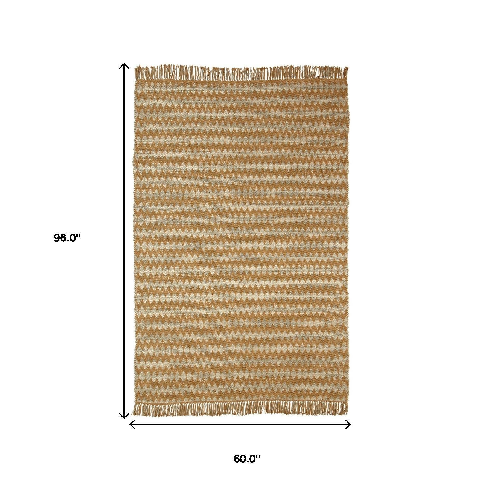 5' X 8' Gold Chevron Hand Woven Stain Resistant Area Rug With Fringe