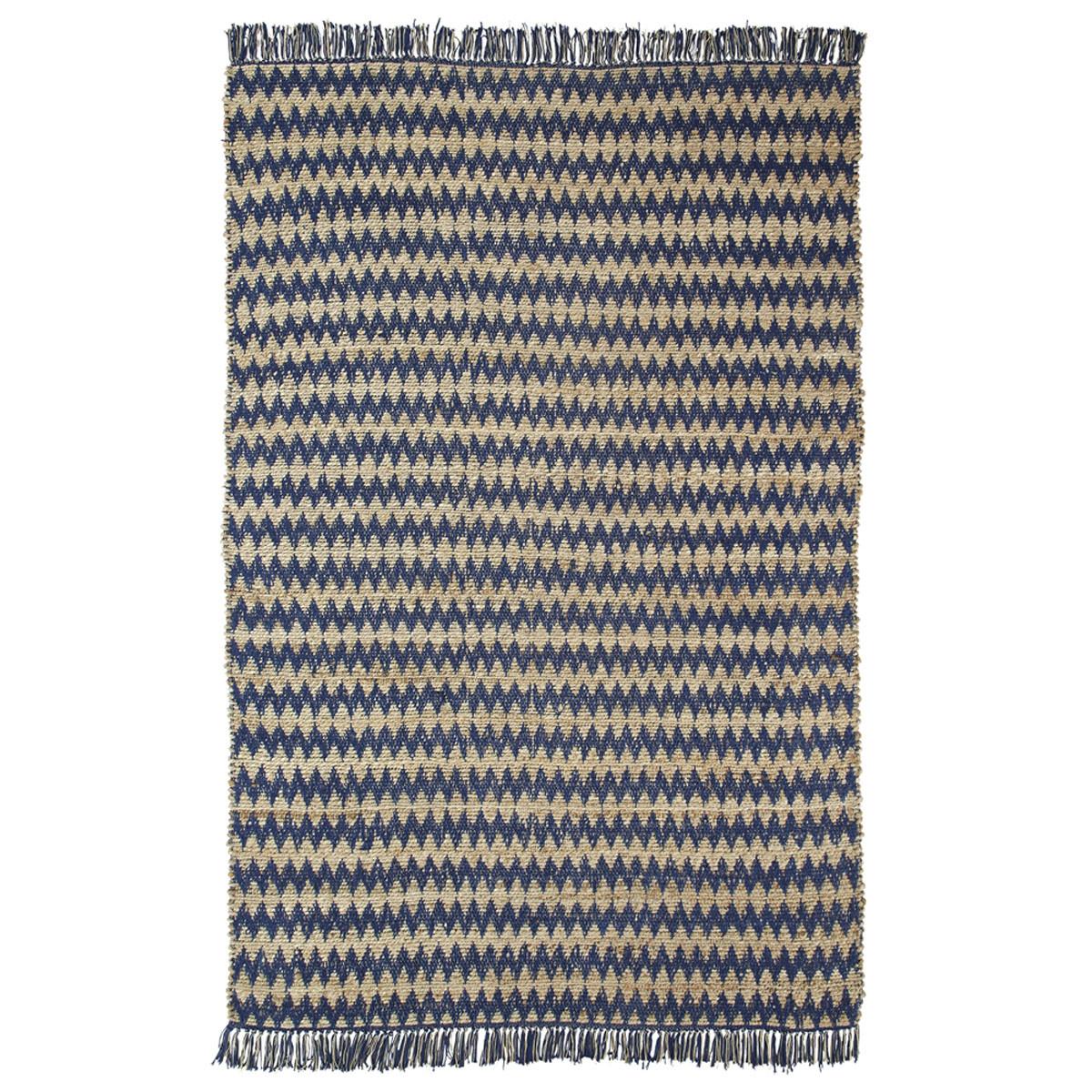 5' X 8' Navy Peony Chevron Hand Woven Stain Resistant Area Rug With Fringe