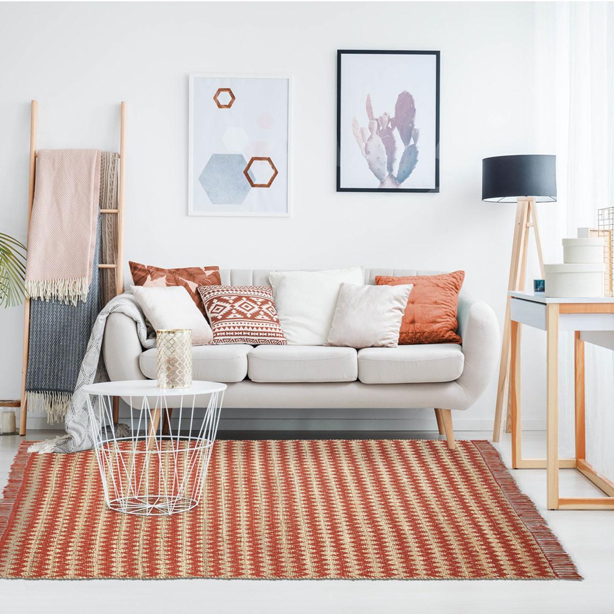 5' X 8' Terracotta Chevron Hand Woven Stain Resistant Area Rug With Fringe