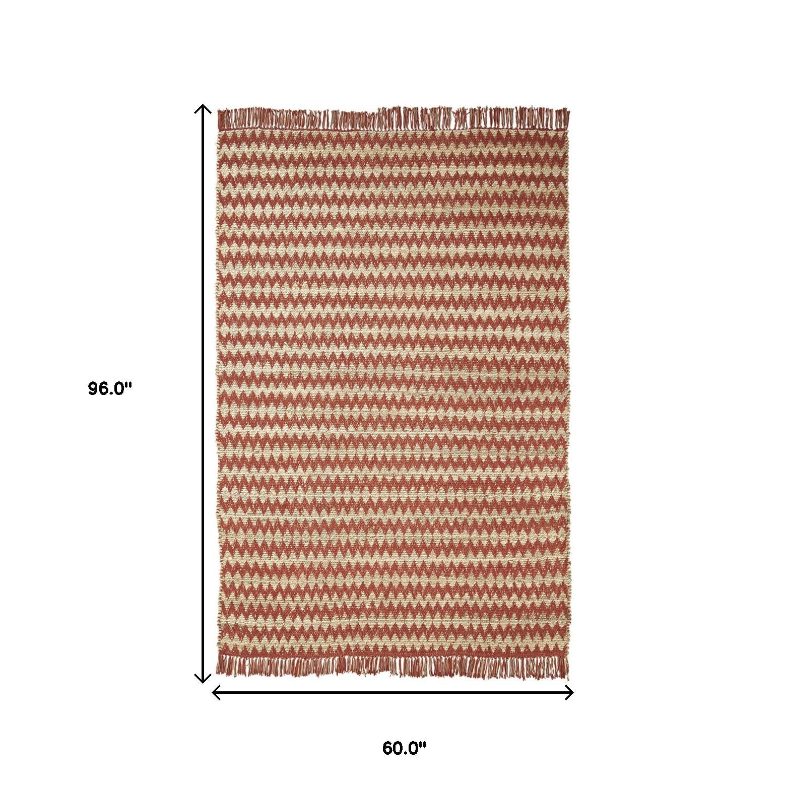 5' X 8' Terracotta Chevron Hand Woven Stain Resistant Area Rug With Fringe