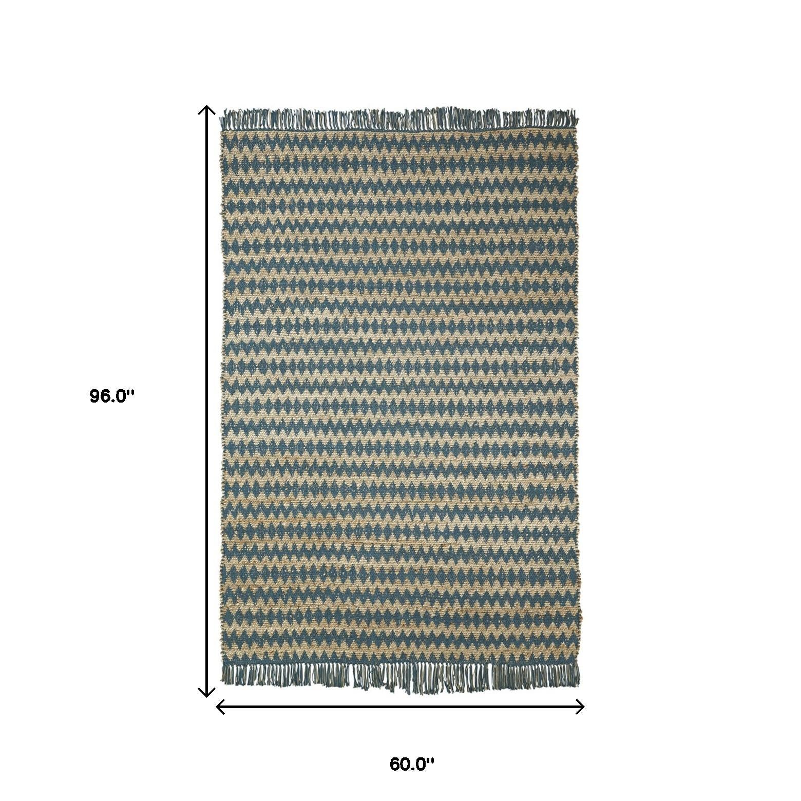 5' X 8' Teal Chevron Hand Woven Stain Resistant Area Rug With Fringe