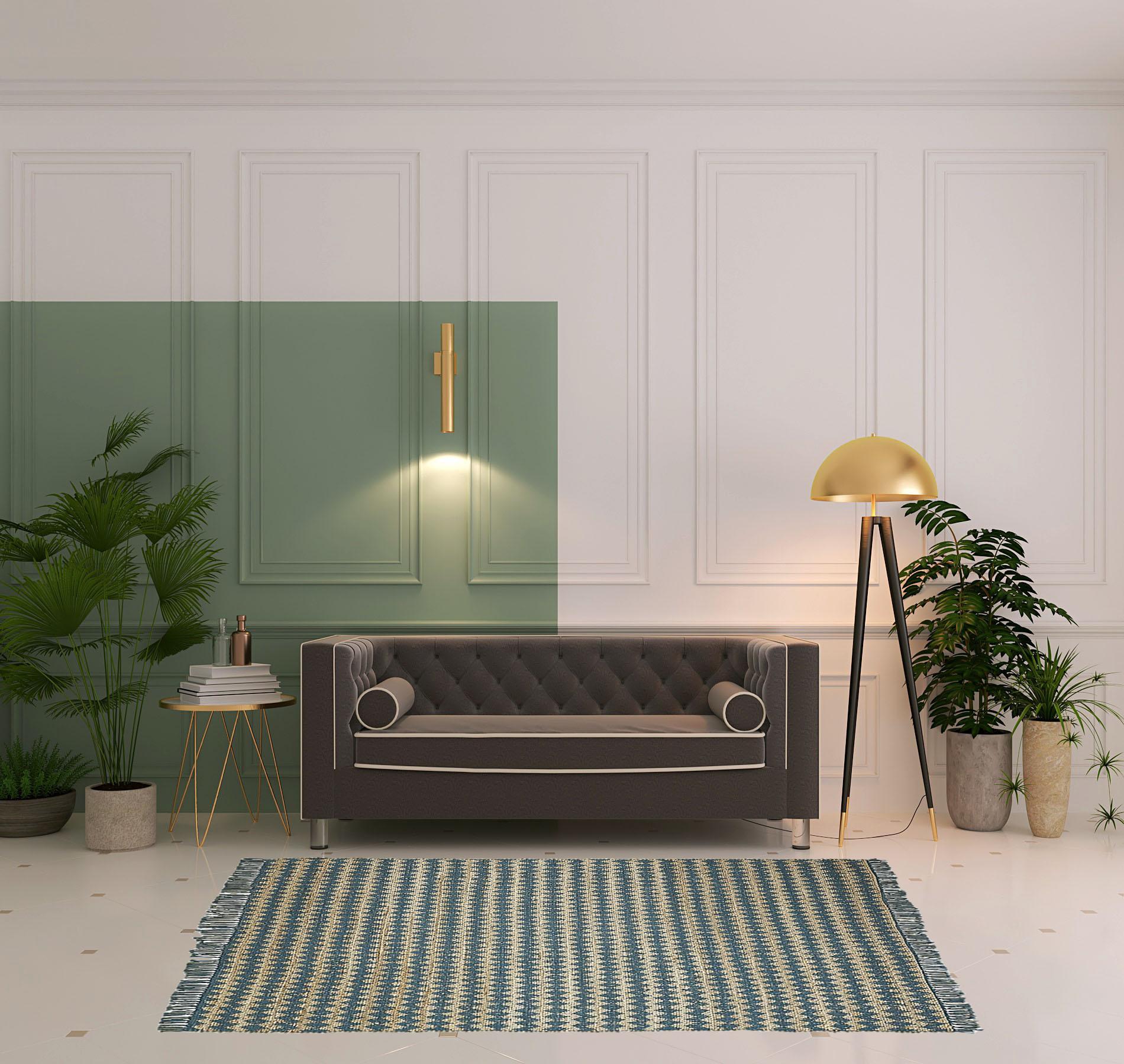 5' X 8' Teal Chevron Hand Woven Stain Resistant Area Rug With Fringe