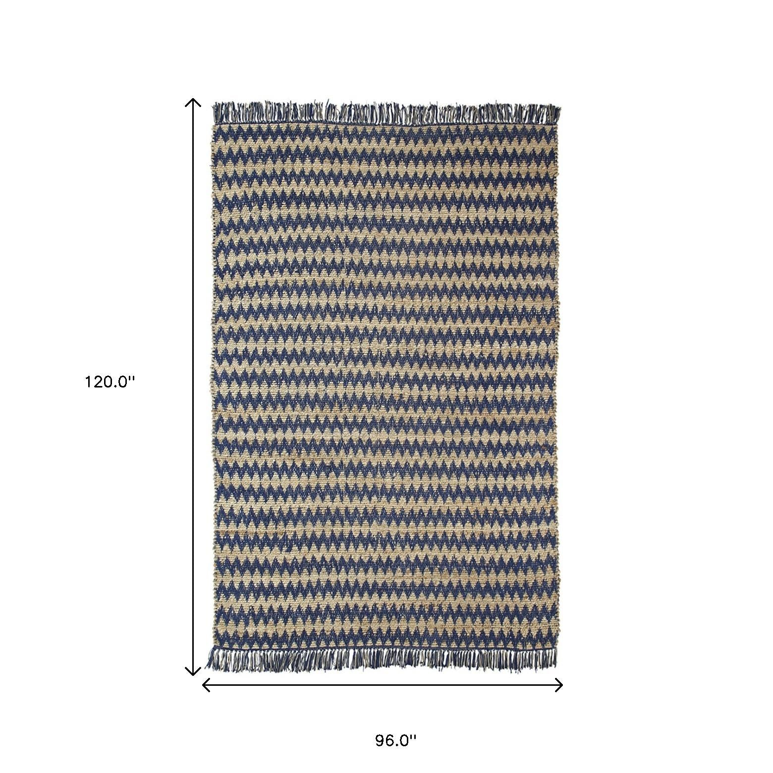 8' X 10' Navy Peony Chevron Hand Woven Stain Resistant Area Rug With Fringe Default Title
