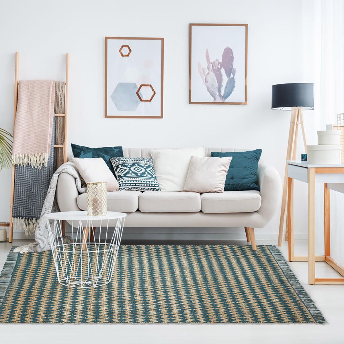 8' X 10' Teal Chevron Hand Woven Stain Resistant Area Rug With Fringe