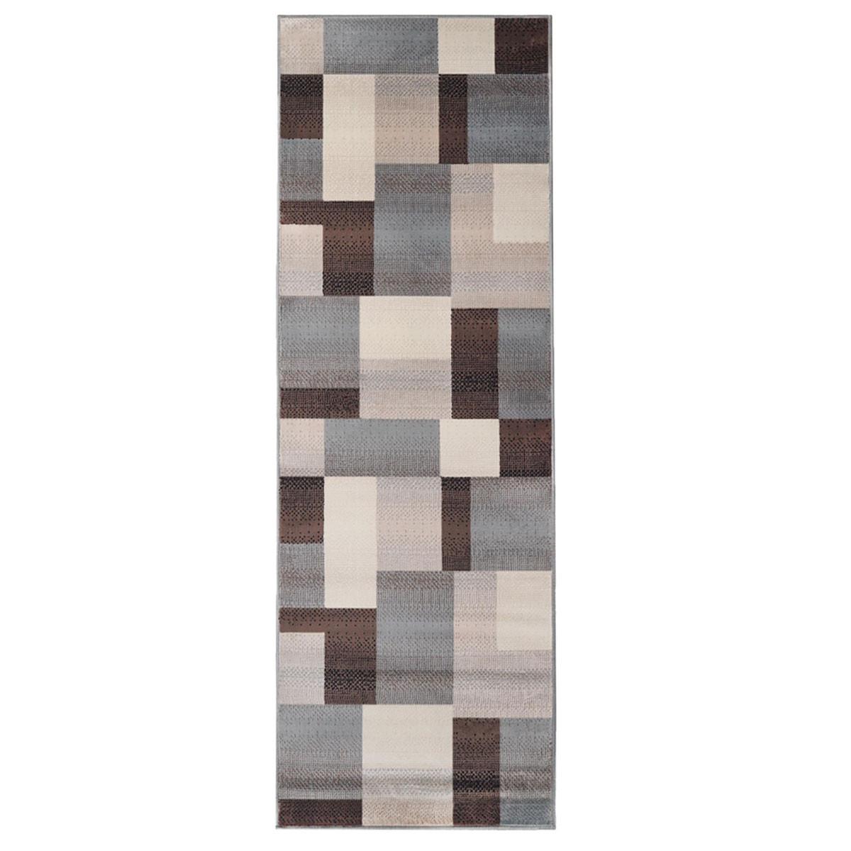 12' Grey-Brown Patchwork Stain Resistant Runner Rug